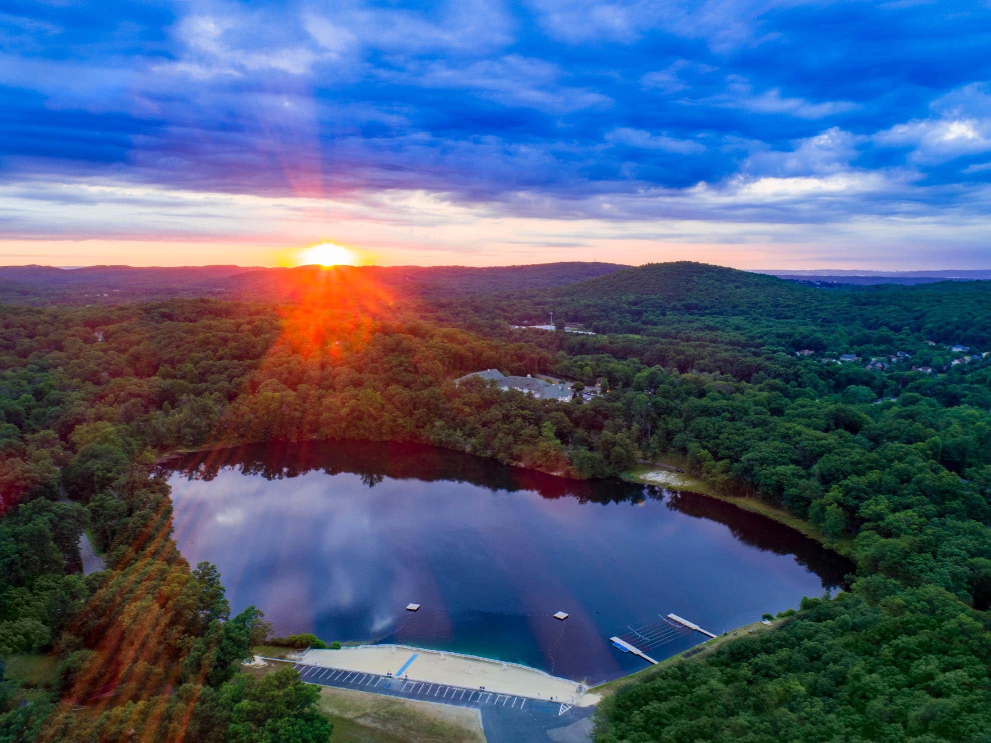 Photograph of sunrise over Cooks Pond Denville NJ taken with a drone