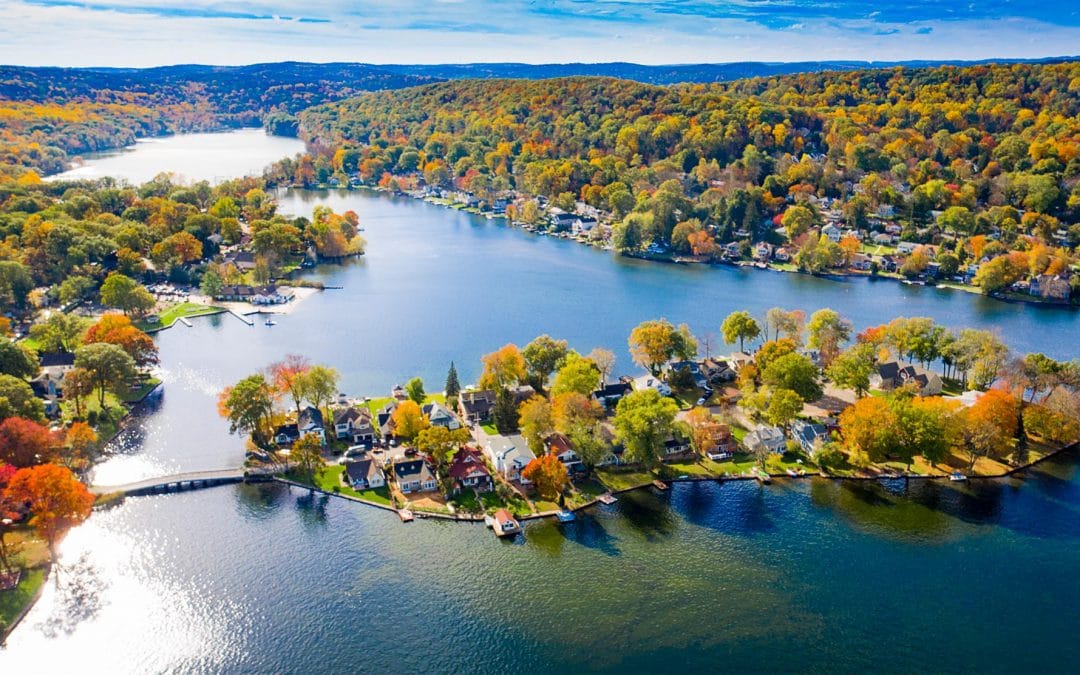 Photograph of Indian Lake Denville NJ in Autumn taken with a drone