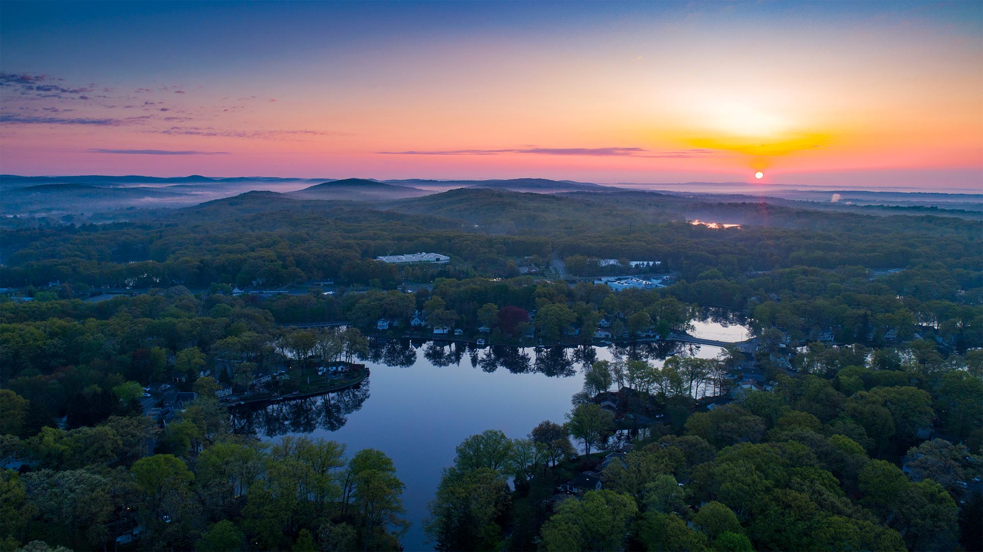 Photograph of sunrise over Rainbow Lakes NJ taken with a drone