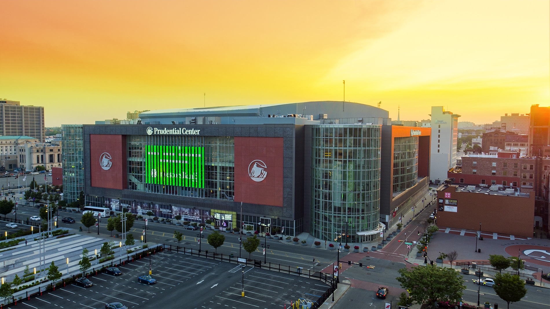 Drone Photograph taken at sunset of the Prudential Center in Newark New Jersey