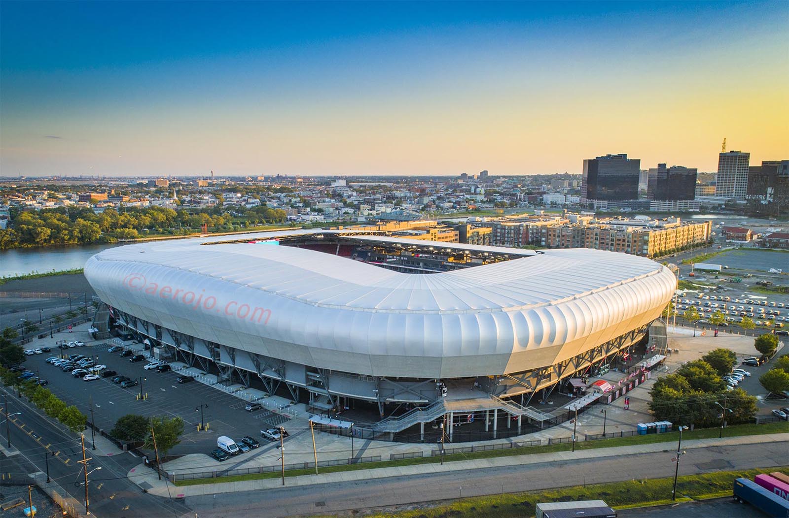 Drone Photograph taken at sunset of Red Bull Arena Harrison New Jersey
