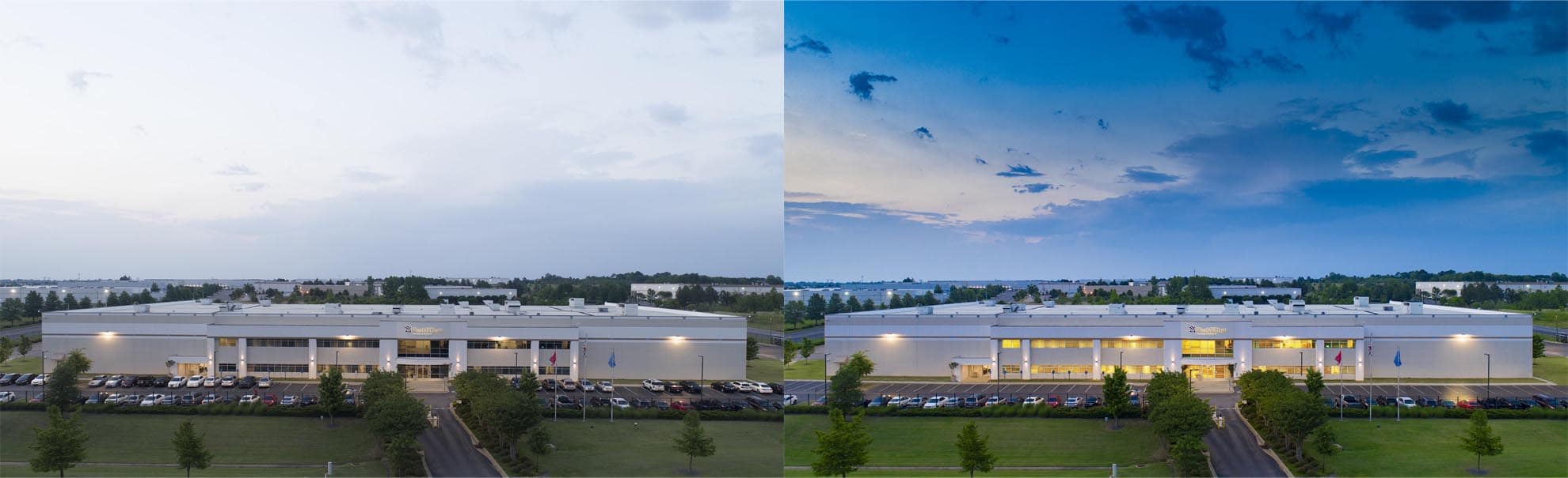Split Screen photo of before and after retouching of a drone photograph of Pharmedium Memphis, TN