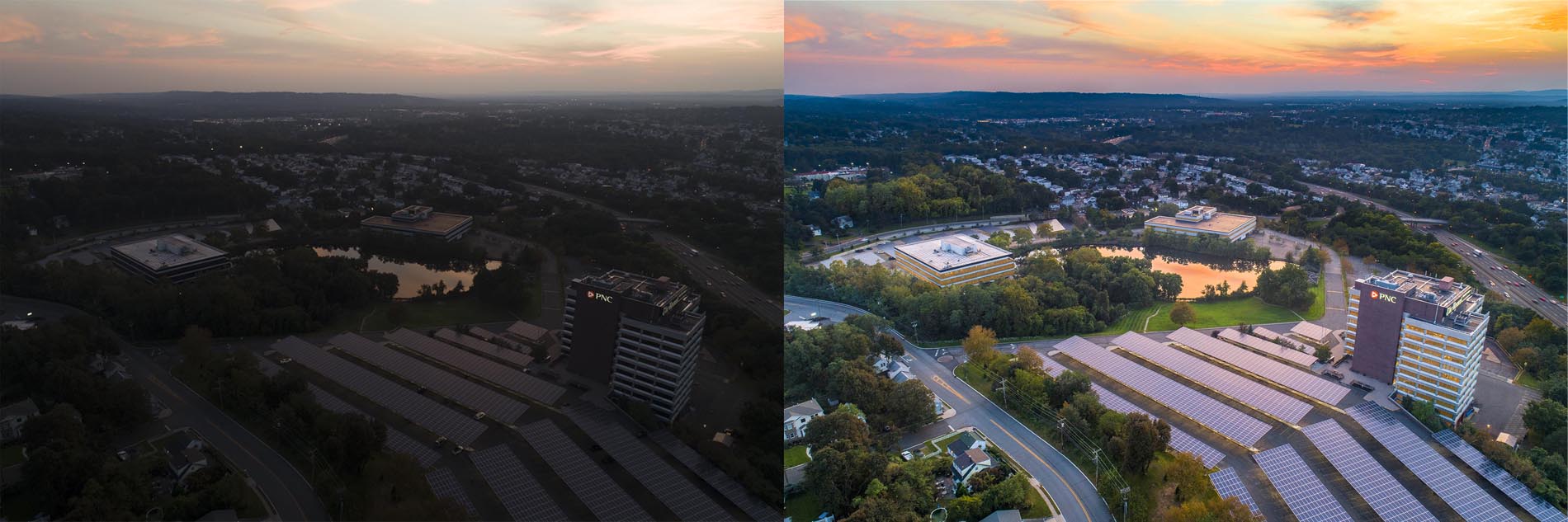 Split Screen photo of before and after retouching of a drone photograph of Garrett Mountain Office Complex