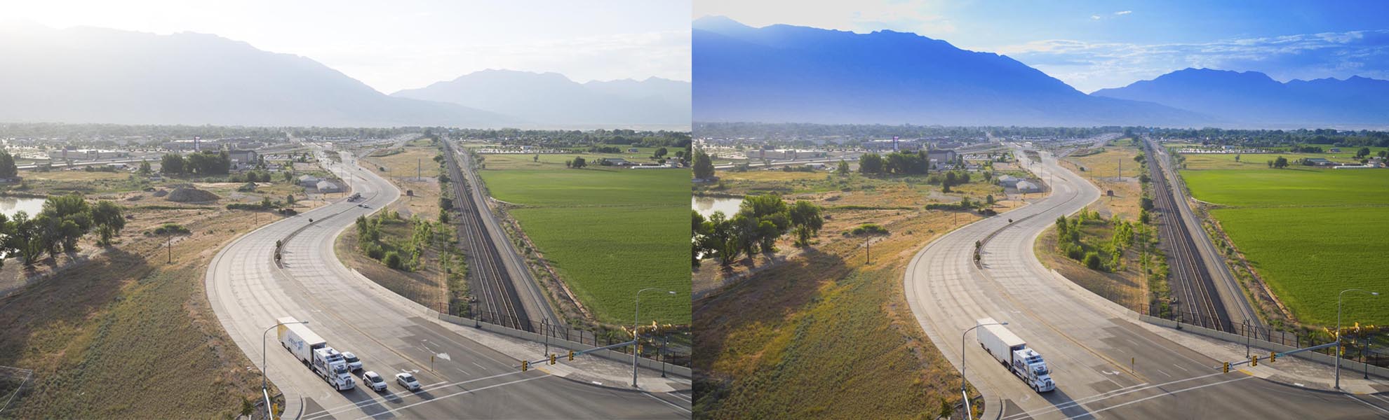 Split Screen photo of before and after retouching of a drone photograph of Moving Truck on road in American Fork UT