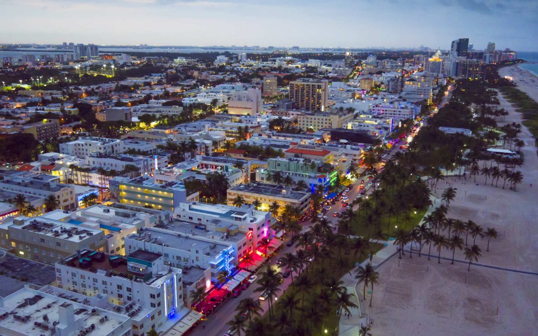 Drone Photograph of Miami Beach Art Deco Strip at Dusk