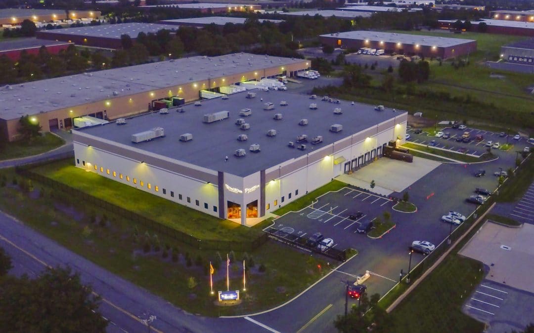 Drone photograph at dusk of Pharmedium facility in Dayton NJ