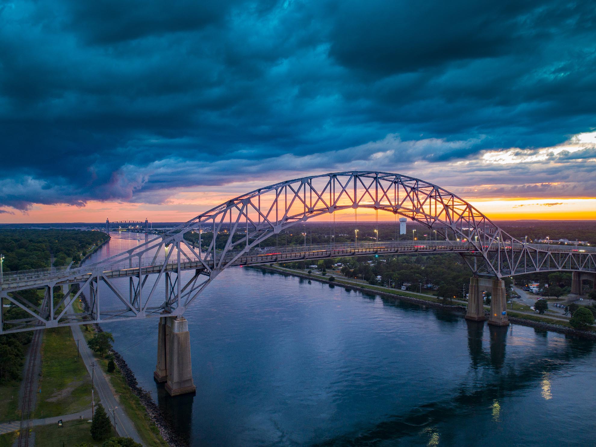 Drone Photograph of Bourne Bridge Cape Cod MA at Sunset