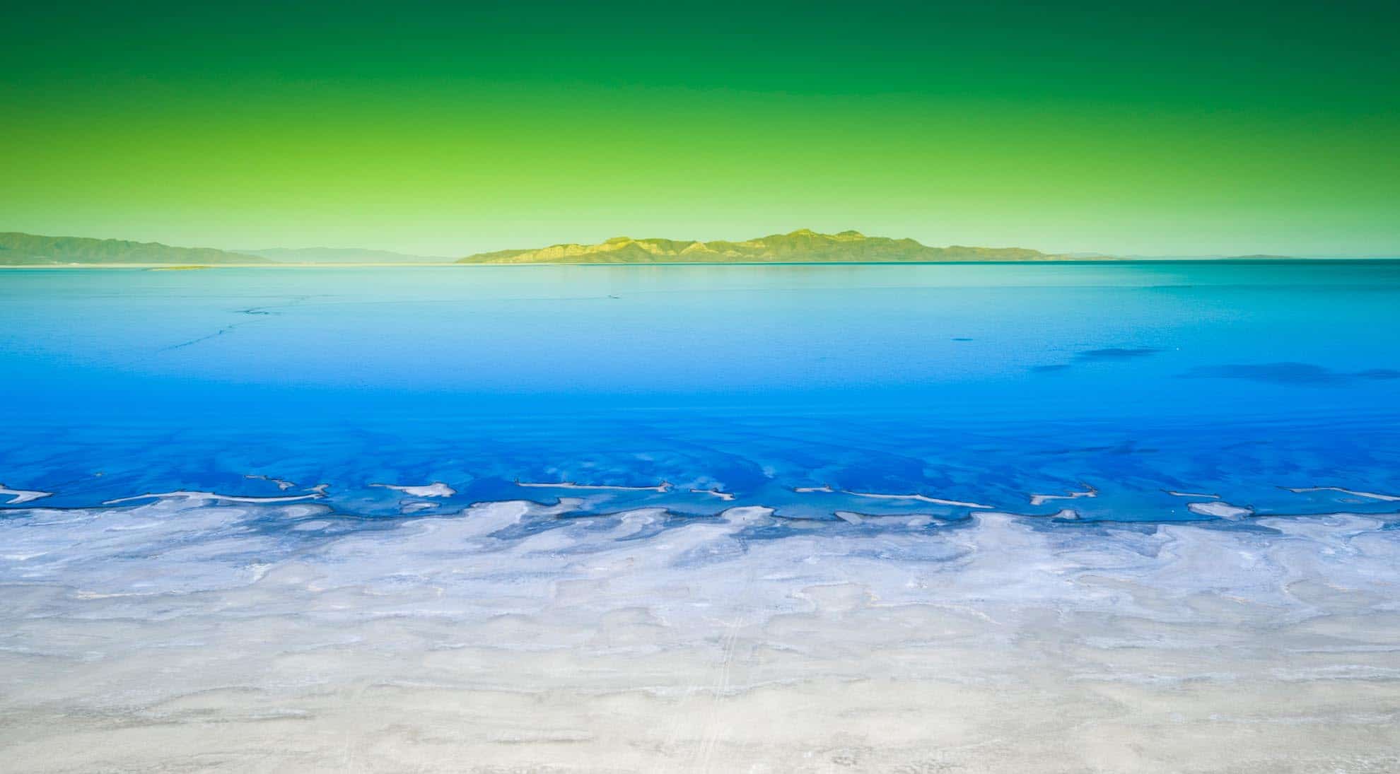 Drone Photograph of The Great Salt Lake with a green sky