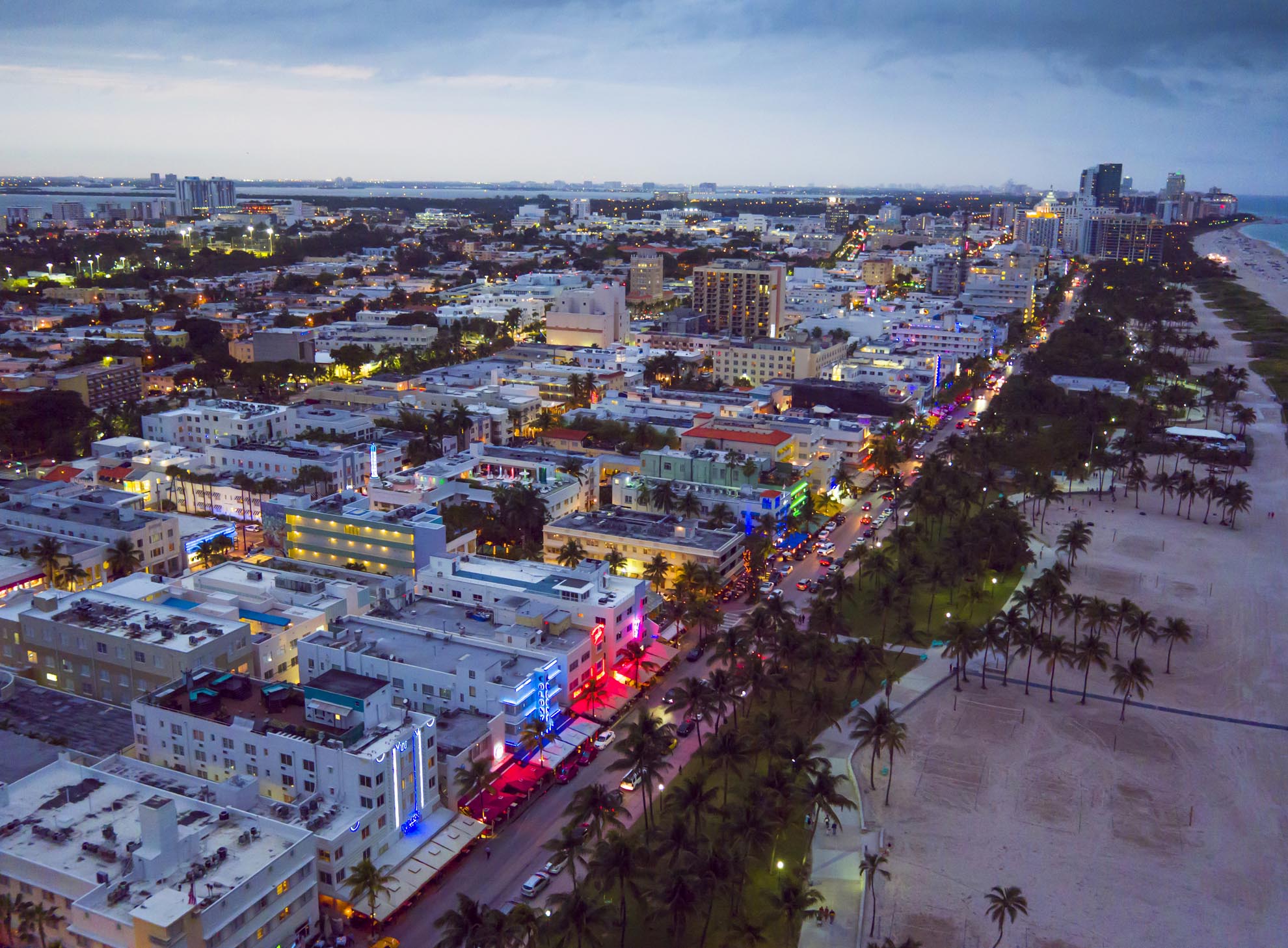 Drone photograph of Miami Beach Art Deco Strip at dusk