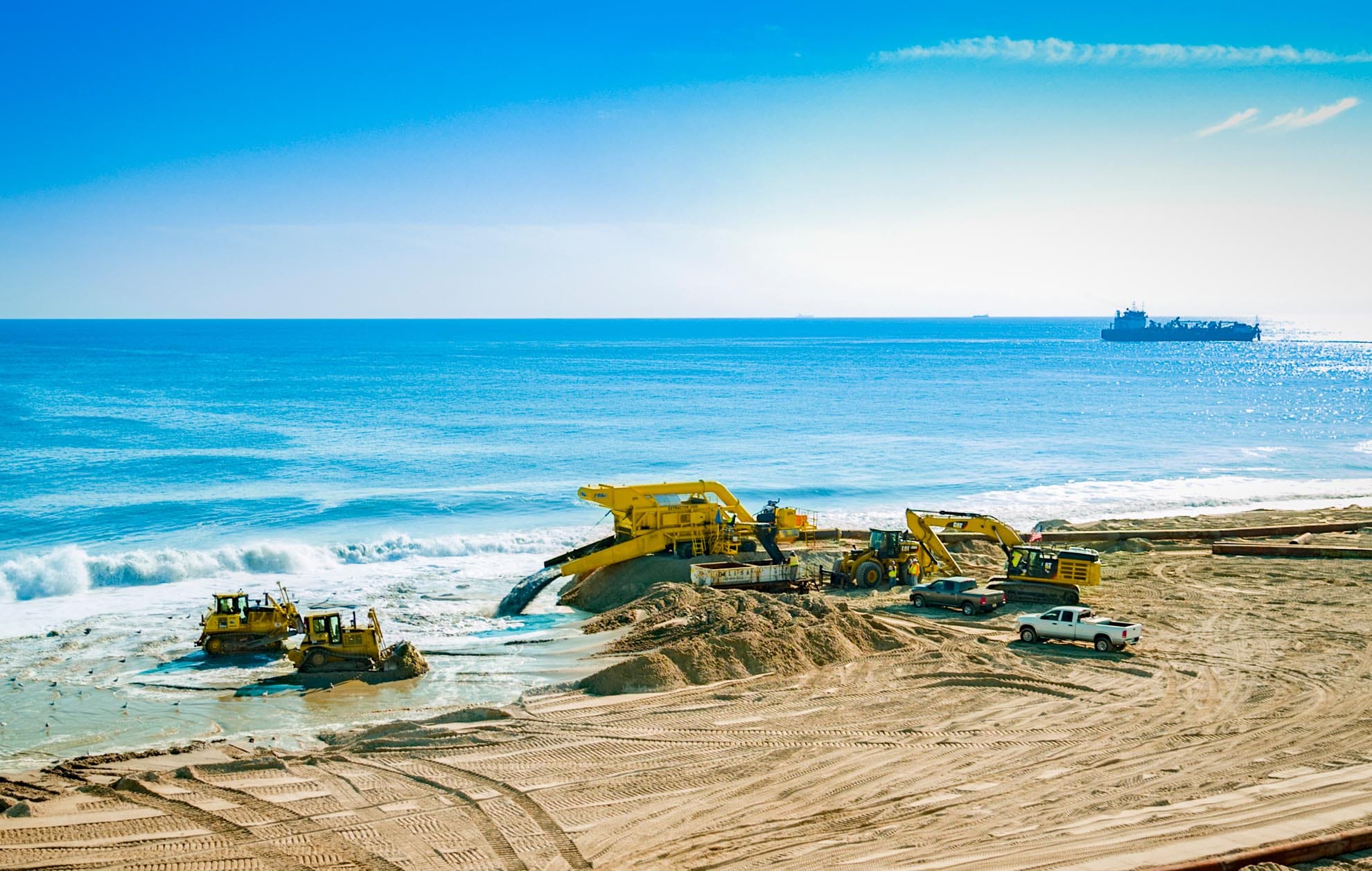 Drone Photograph of Excavating equipment Rebuilding Beach on the New Jersey Shore