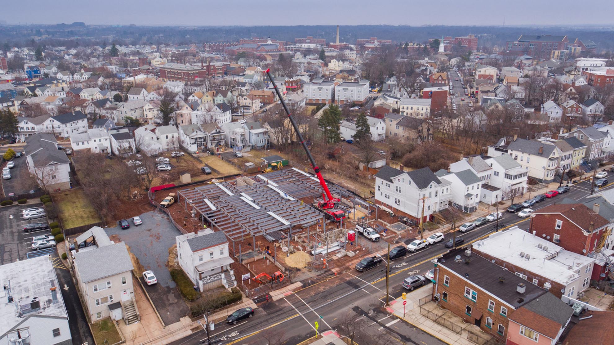 Drone Photograph of construction site with crane in New Brunswick New Jersey