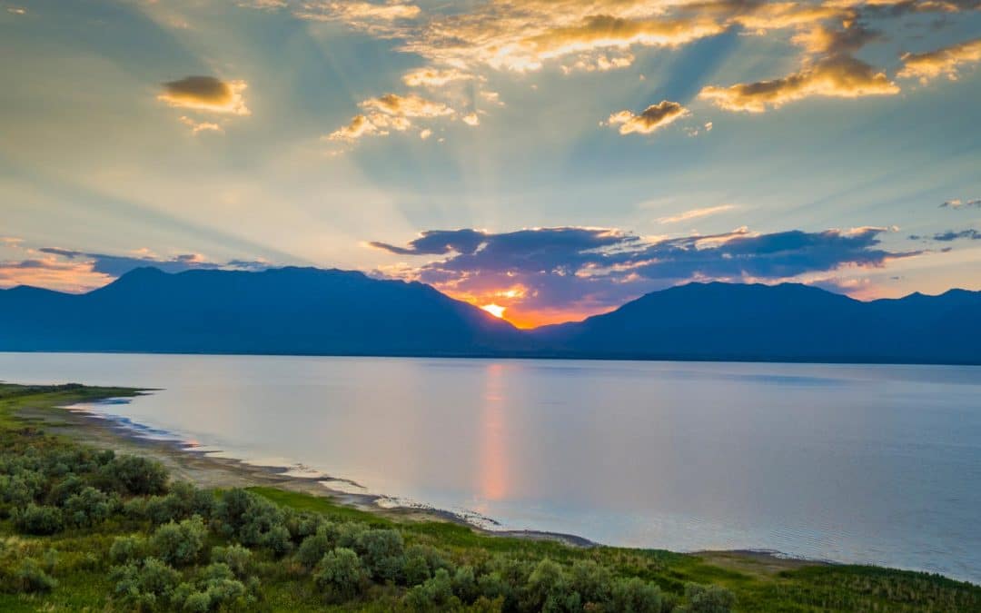 Drone Photograph of sunrise over Utah Lake, Utah