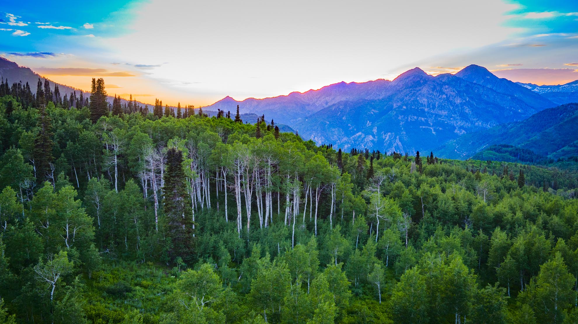 Drone photograph of sunset over Mt Timpanogos Utah