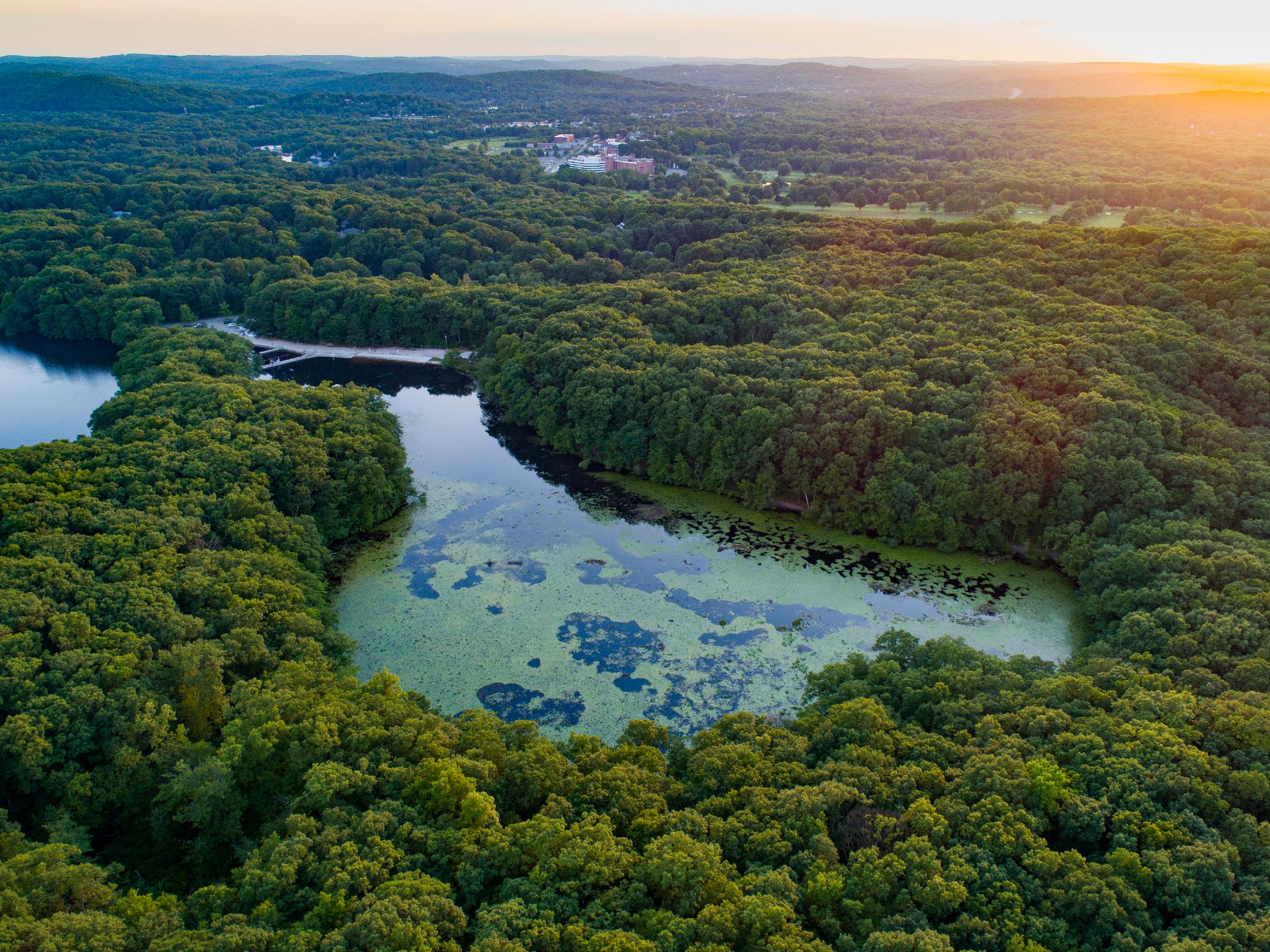 Photograph of Birchwood Lake at sunset taken with a drone