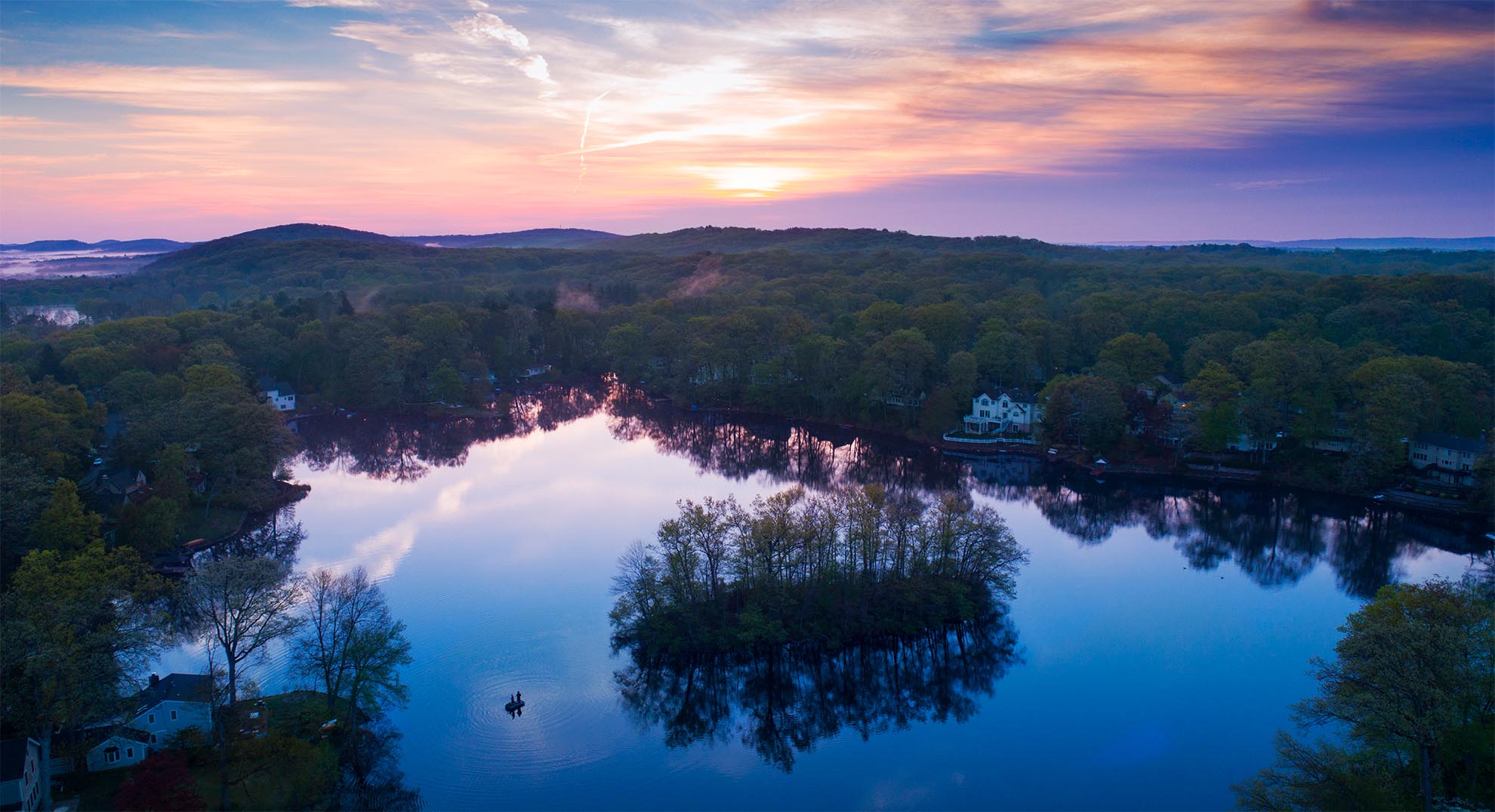Photograph of sunrise over Lake Arrowhead NJ taken with a drone