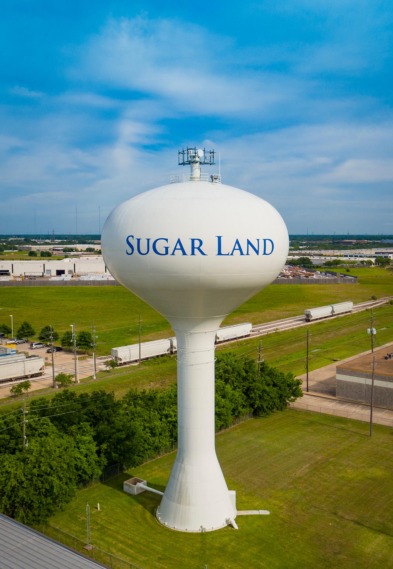 Drone Photograph of Sugar Land Texas elevated water tower