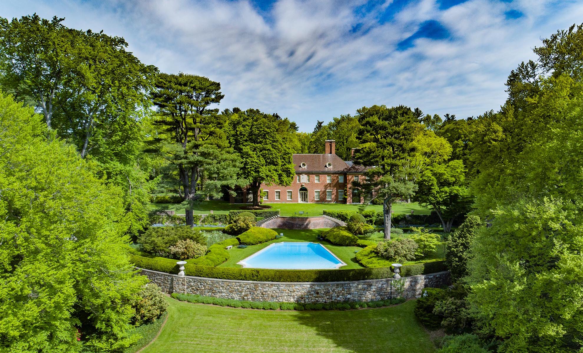 Photograph of Phipps Estate in Long Island showing Pool taken with a drone