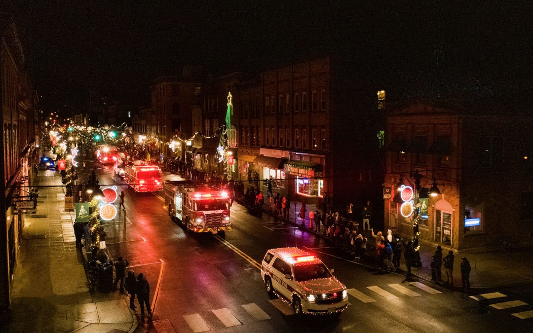 Aerial Drone photograph taken at night of a Christmas Parade in Dover New Jersey