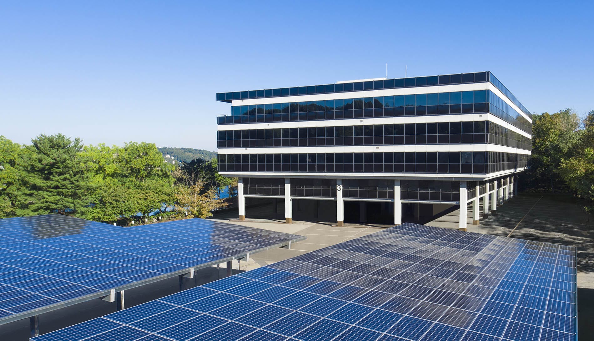 Drone Photograph taken of Commercial Building with Solar Panel Parking Lot in New Jersey