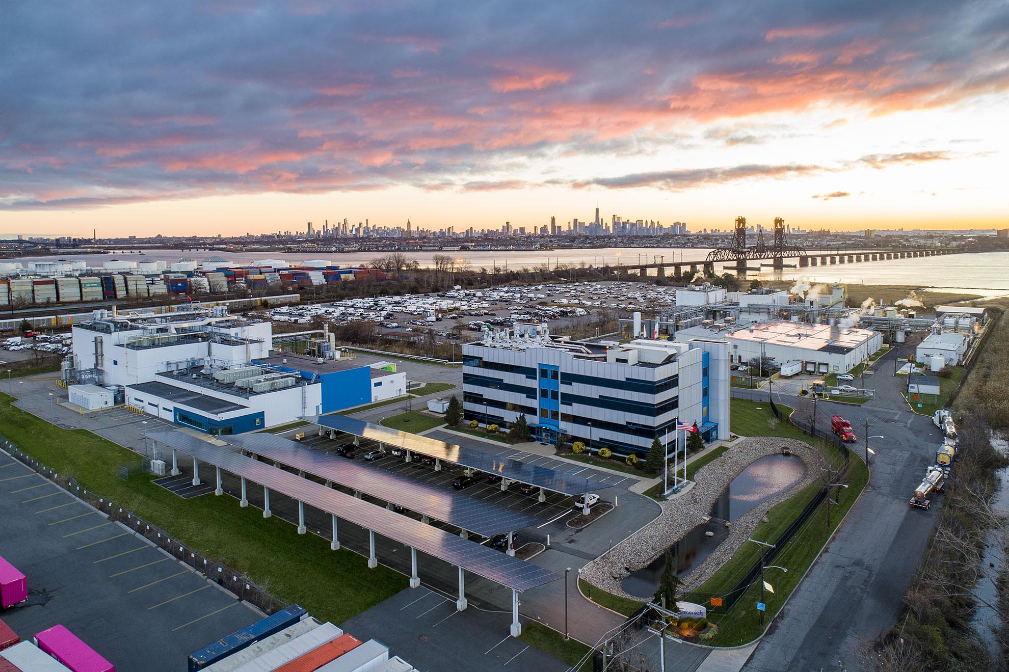 Drone Photograph taken of Chemical Plant with Solar Panel Parking Lot in New Jersey