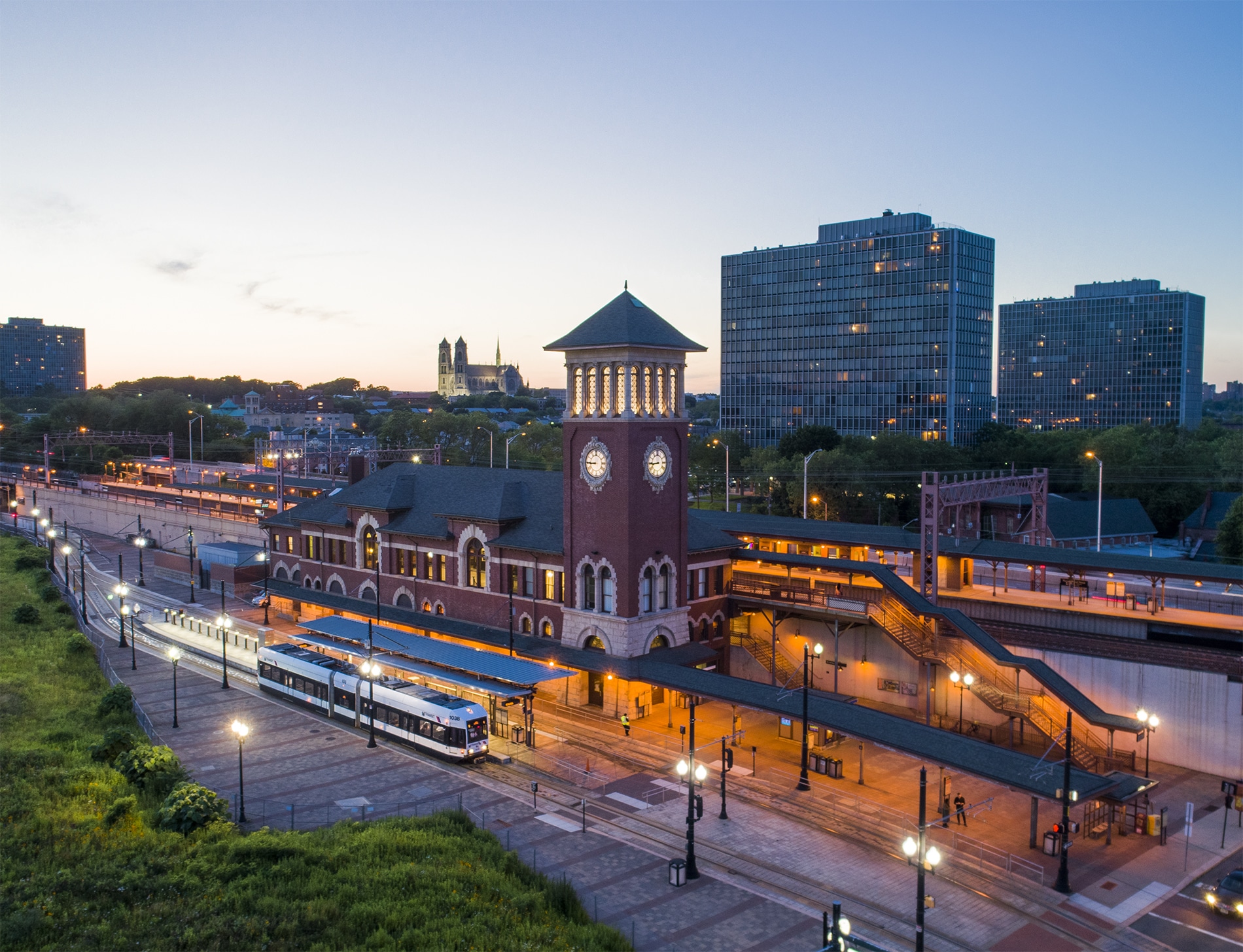 Drone Photograph taken at sunset of Broad St Light Rail Station in Newark New Jersey