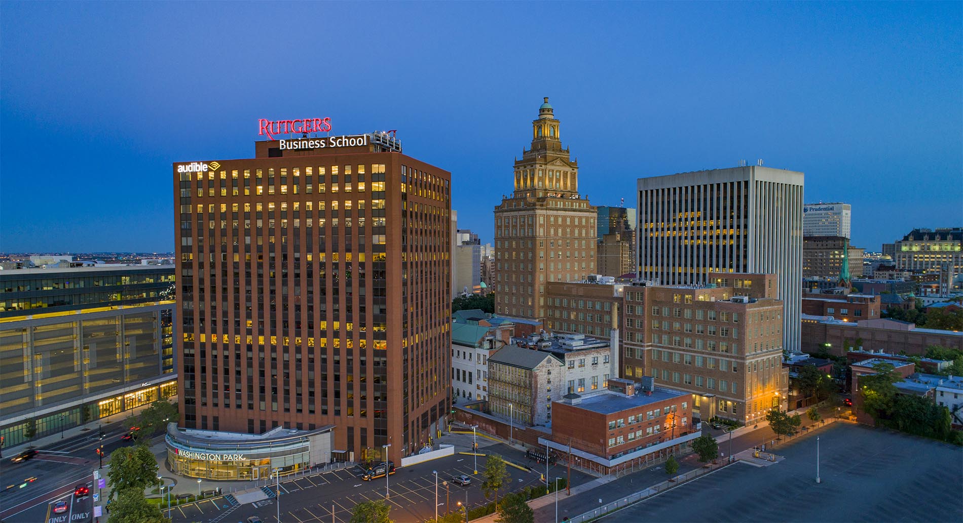 Drone Photograph taken at sunset of Rutgers Business School in Newark New Jersey