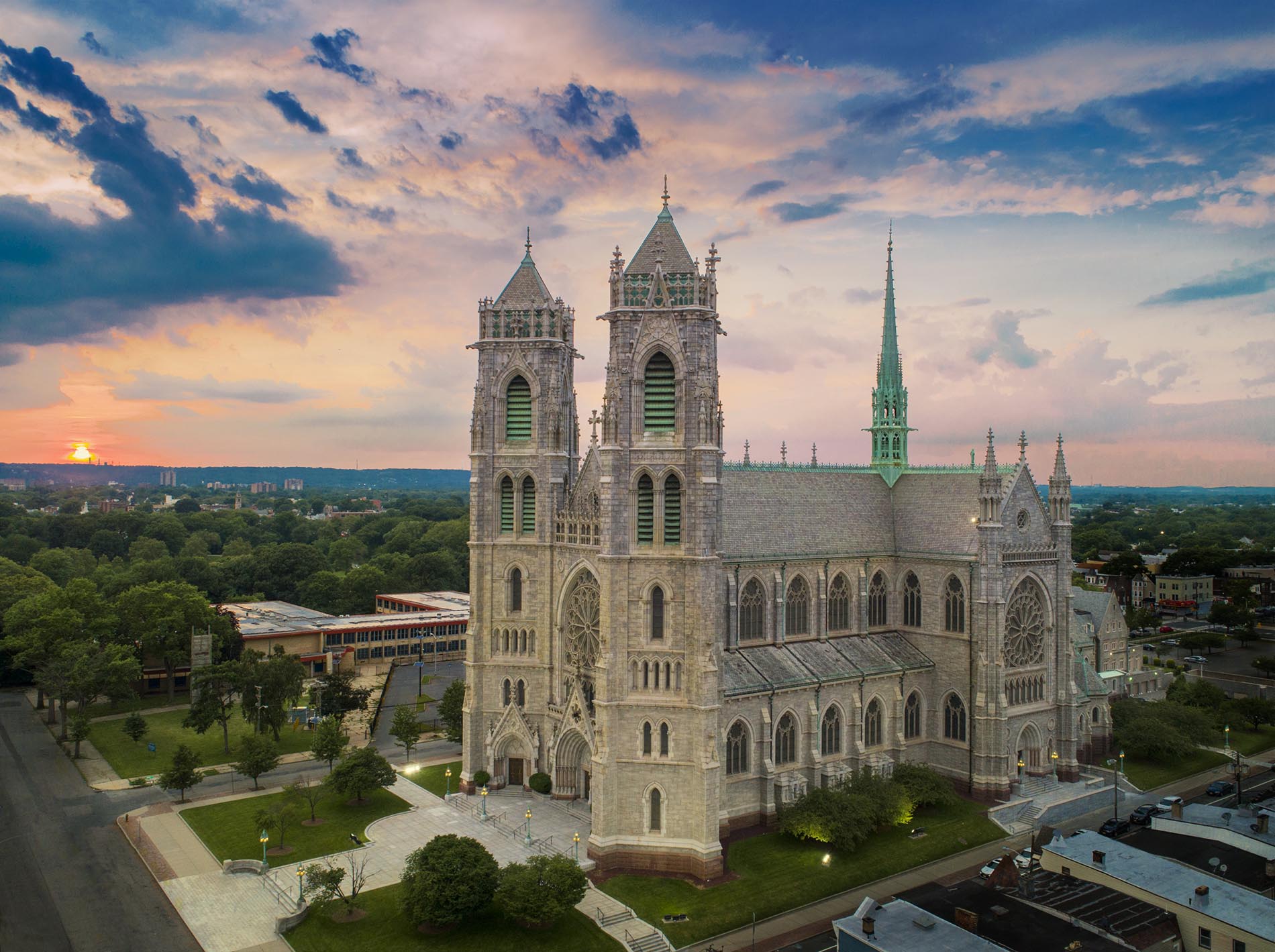 Drone Photograph taken at sunset of Sacred Heart Bascilica Newark New Jersey