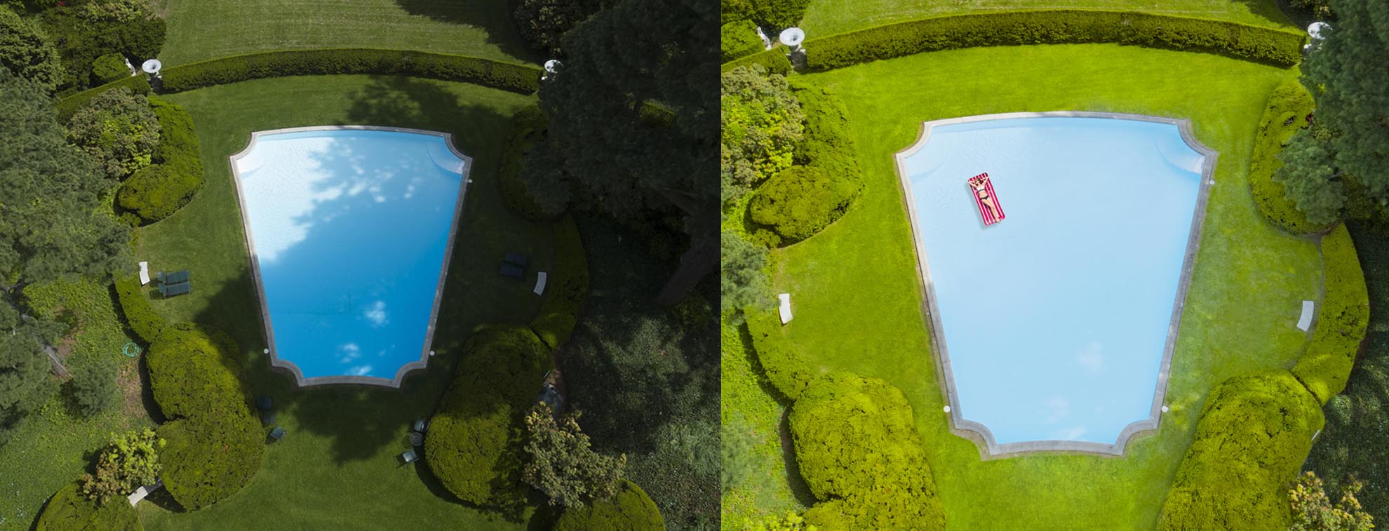 Split Screen photo of before and after retouching of a drone photograph of Women in Art Deco Pool