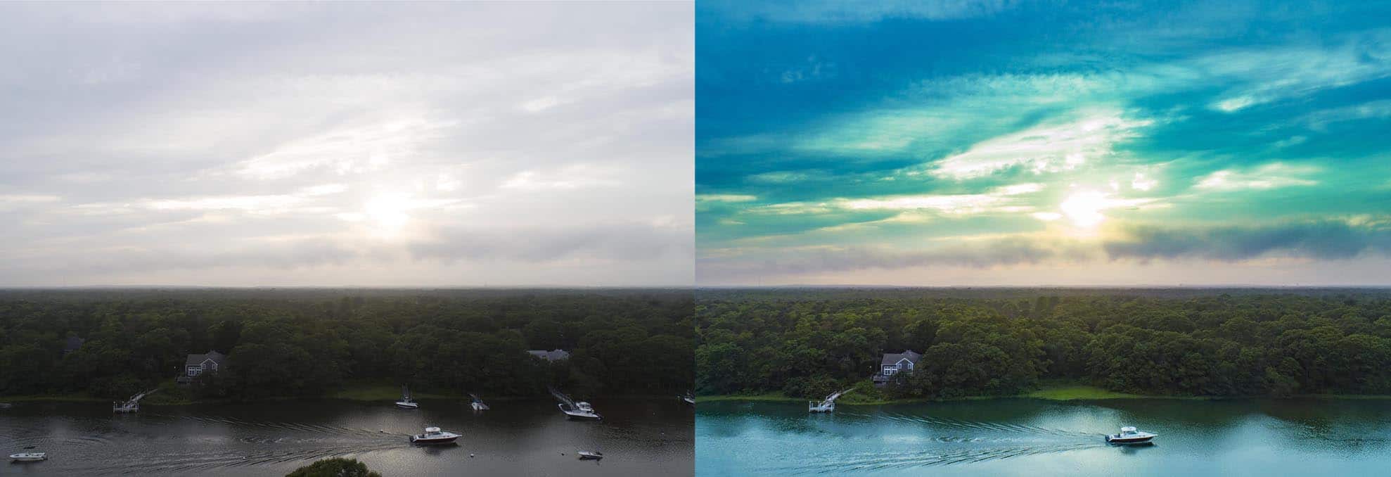 Split Screen photo of before and after retouching of a drone photograph of Boat going up Falmouth inlet Cape Cod MA