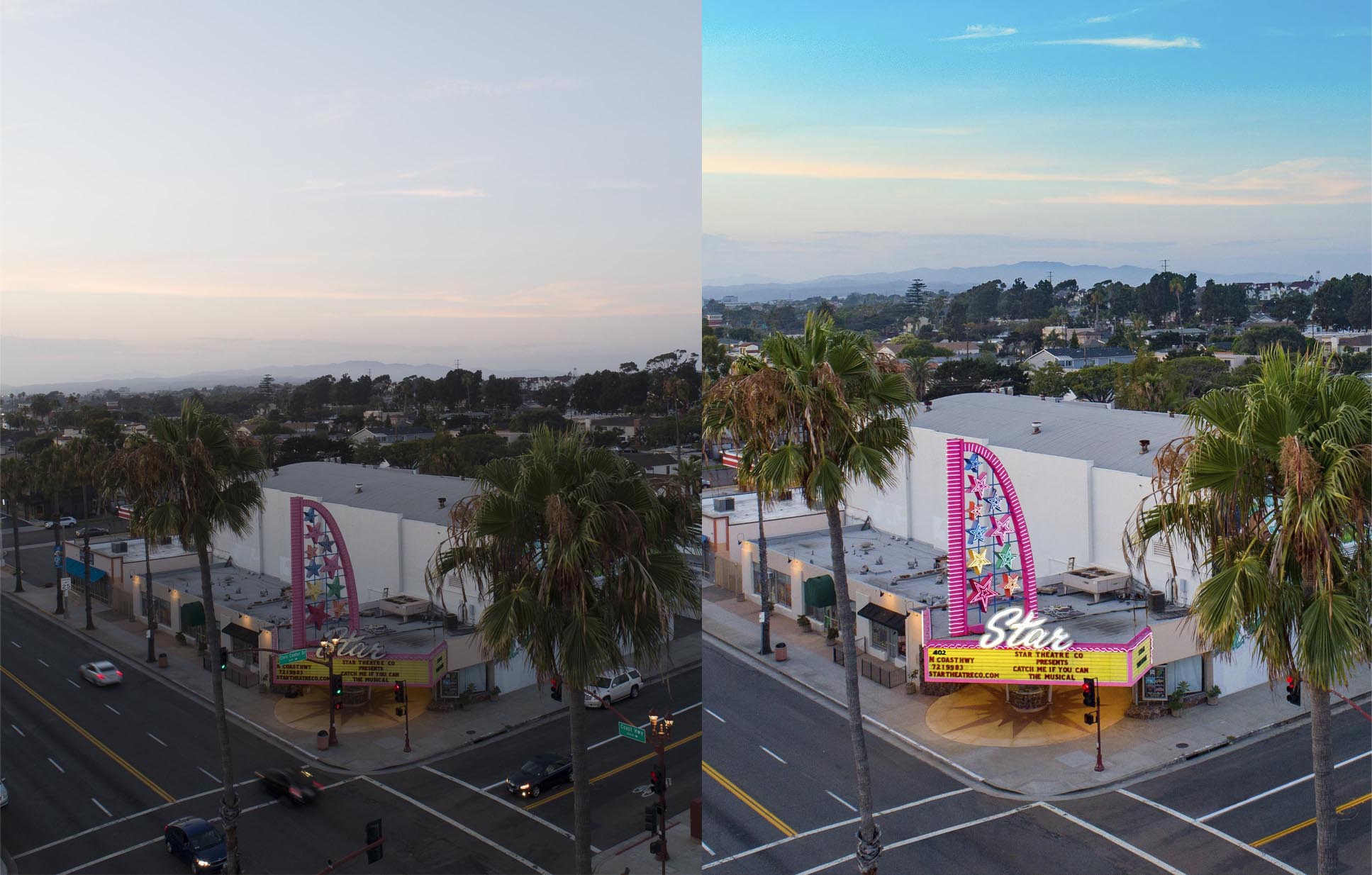 Split Screen photo of before and after retouching of a drone photograph of Star Theatre Oceanside, CA