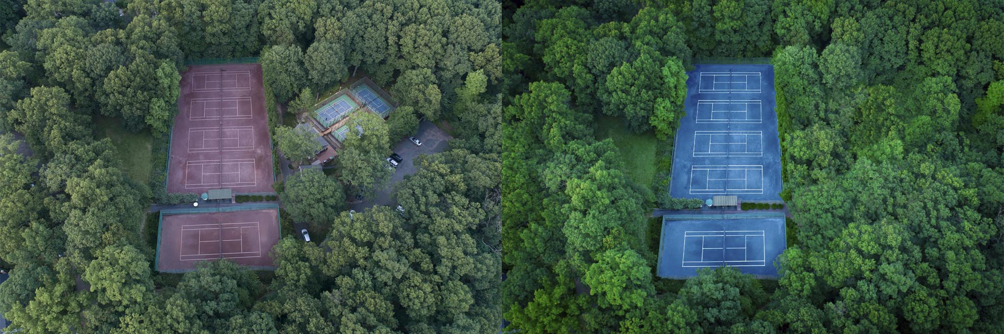 Split Screen photo of before and after retouching of a drone photograph of Tennis Courts Mountain Lakes NJ