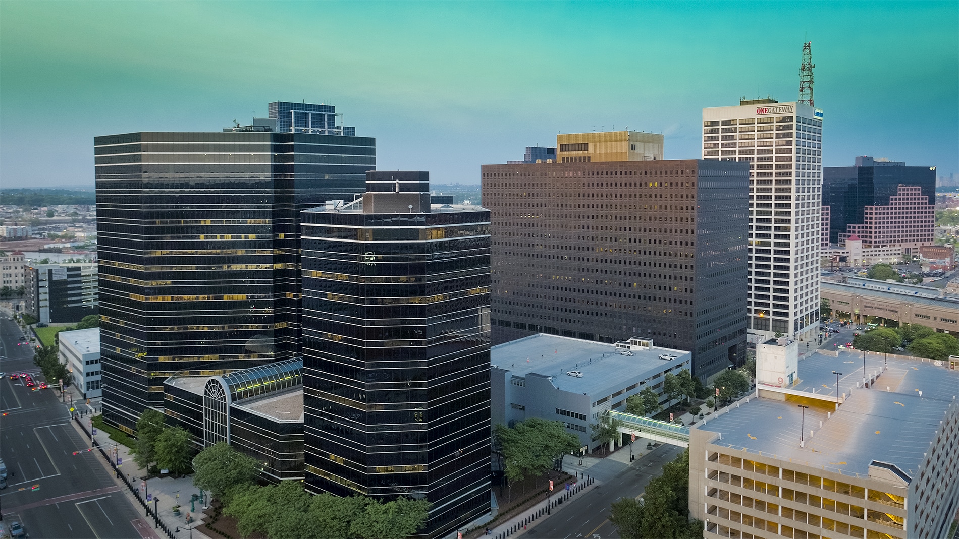 Drone Photograph taken at sunset of Gateway Plaza in Newark New Jersey