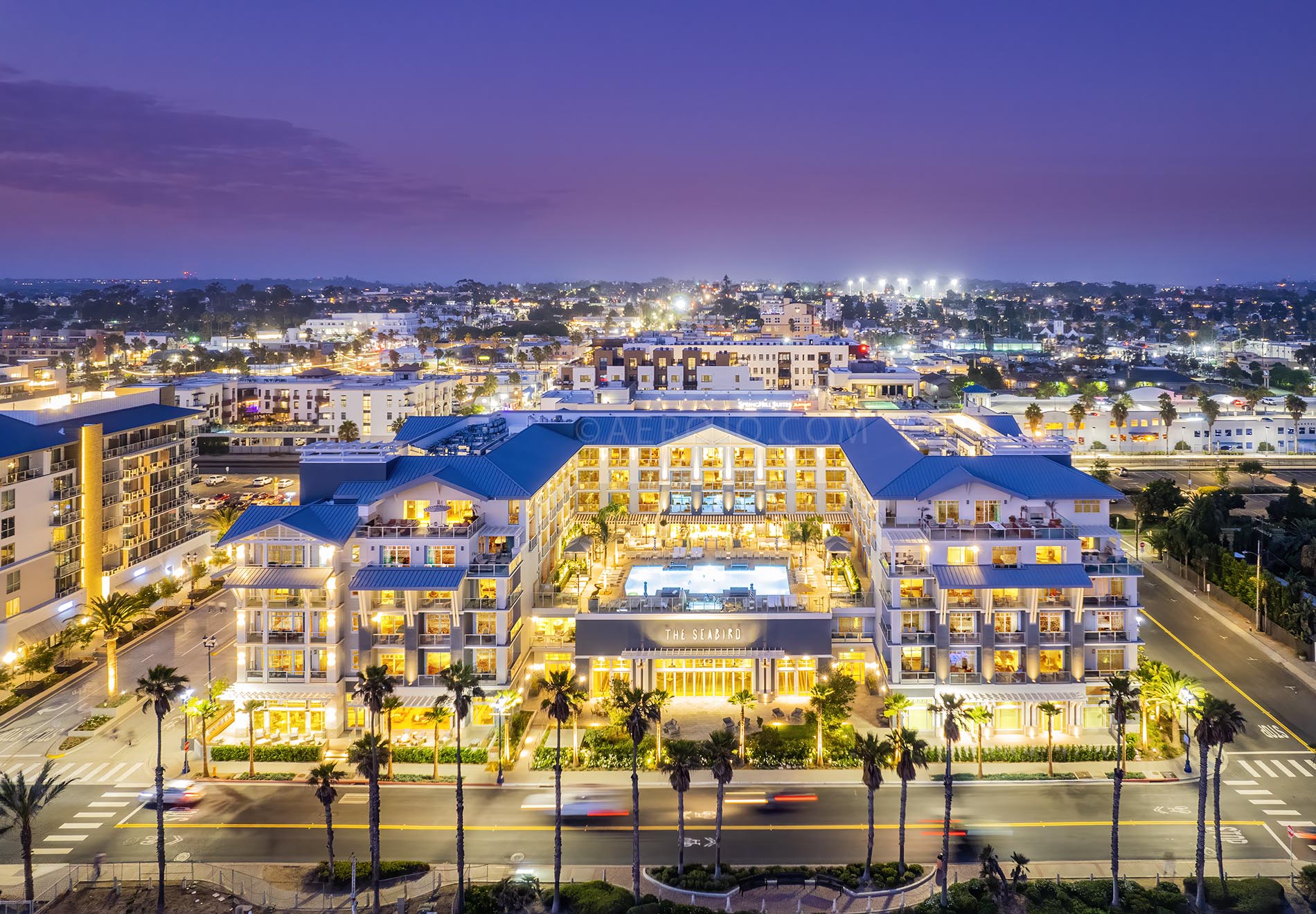 Drone Photograph of the Sea Bird Resort Hotel at Night