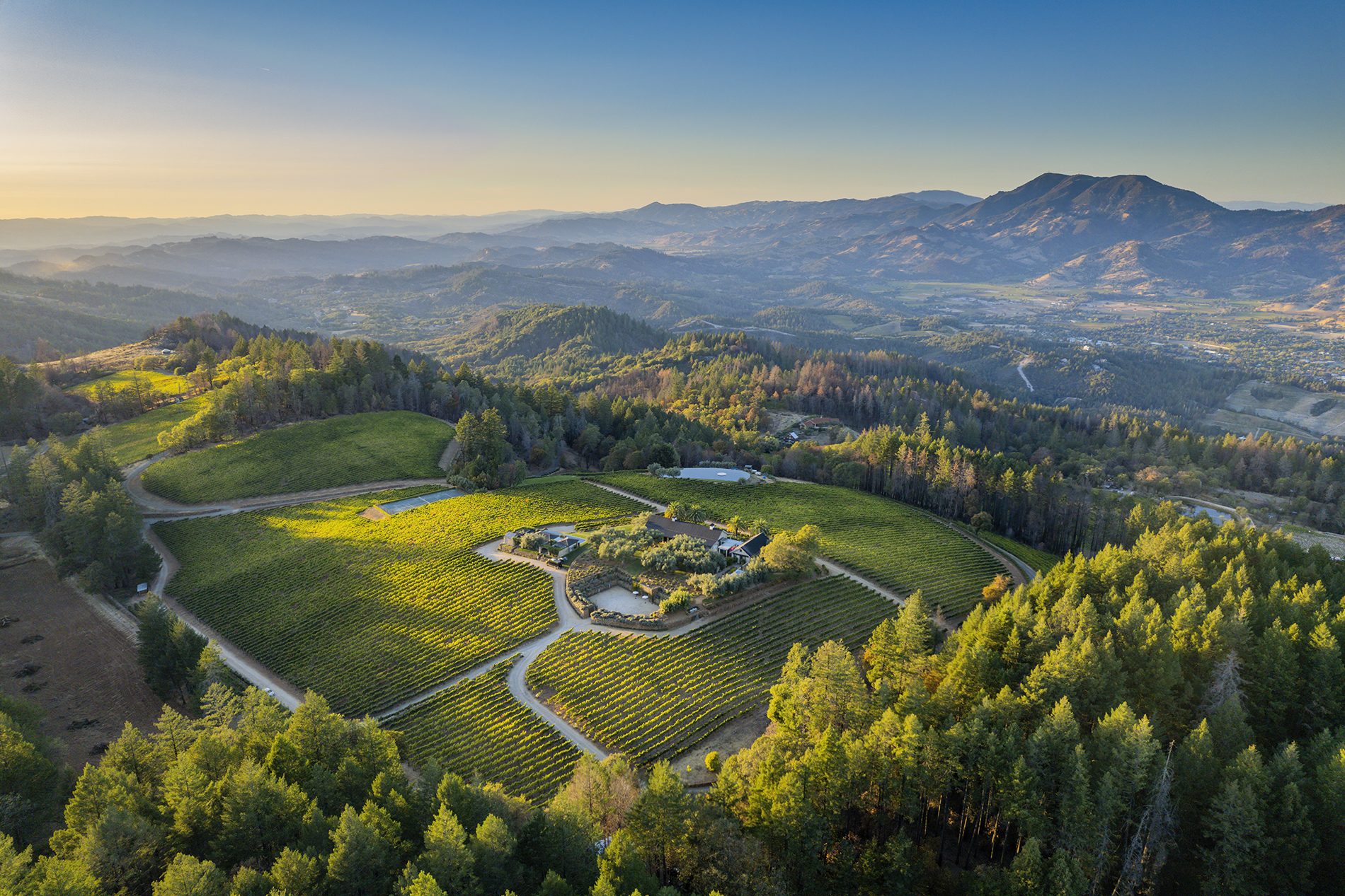 Drone photograph of Constant Diamond Mountain Winery at Sunset Calistoga CA