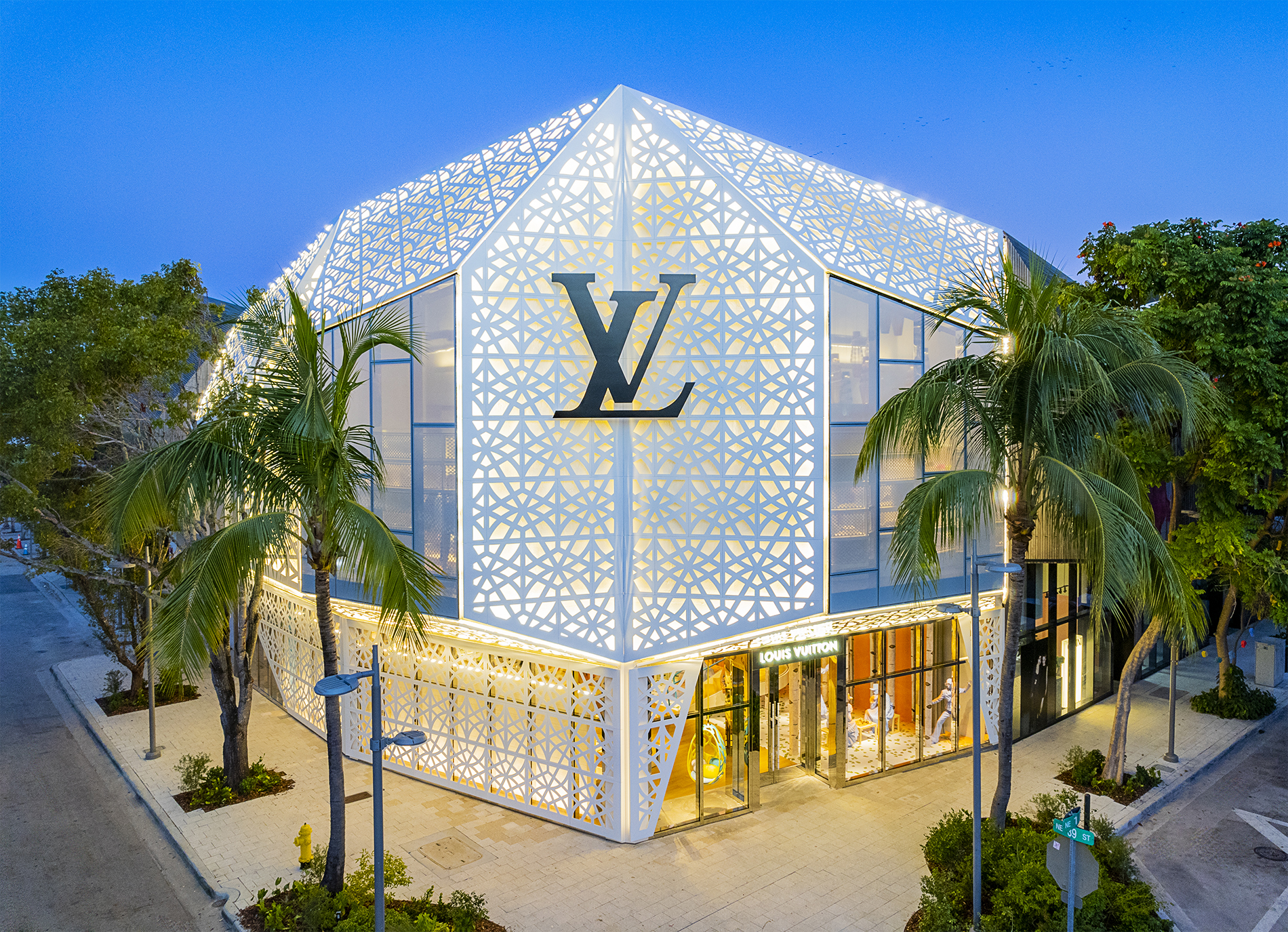 Drone Photograph of the Louis Vuitton Mens Store in Miami before Sunrise