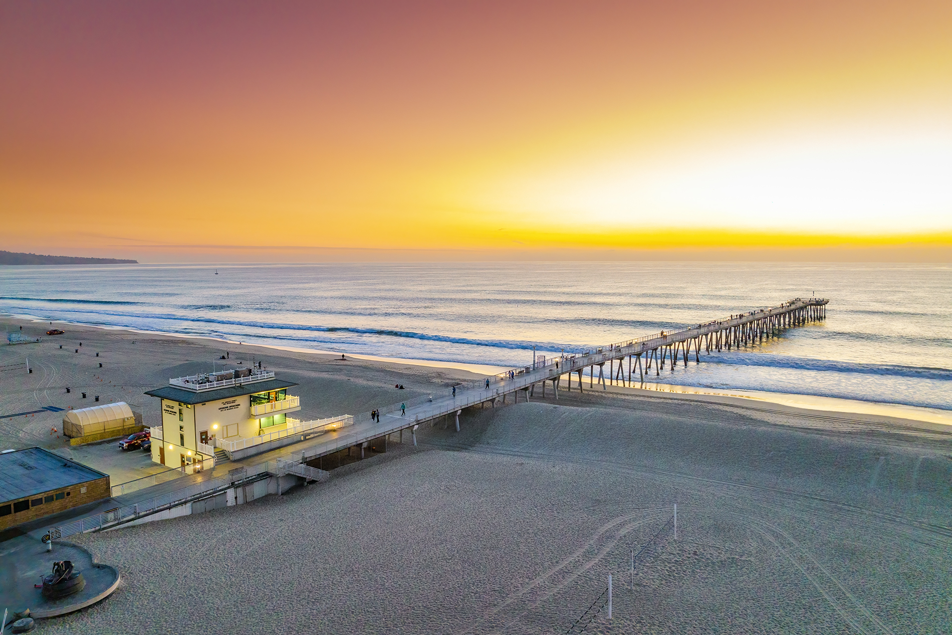 Drone photograph of Hermosa Beach Pier at sunset Hermosa Beach CA