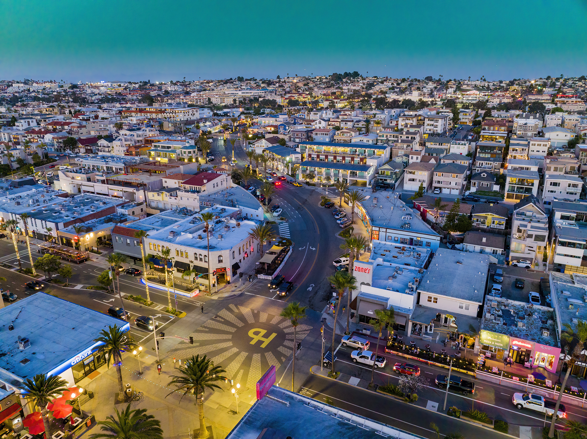 Drone photograph of Pier Ave at sunset Hermosa Beach CA