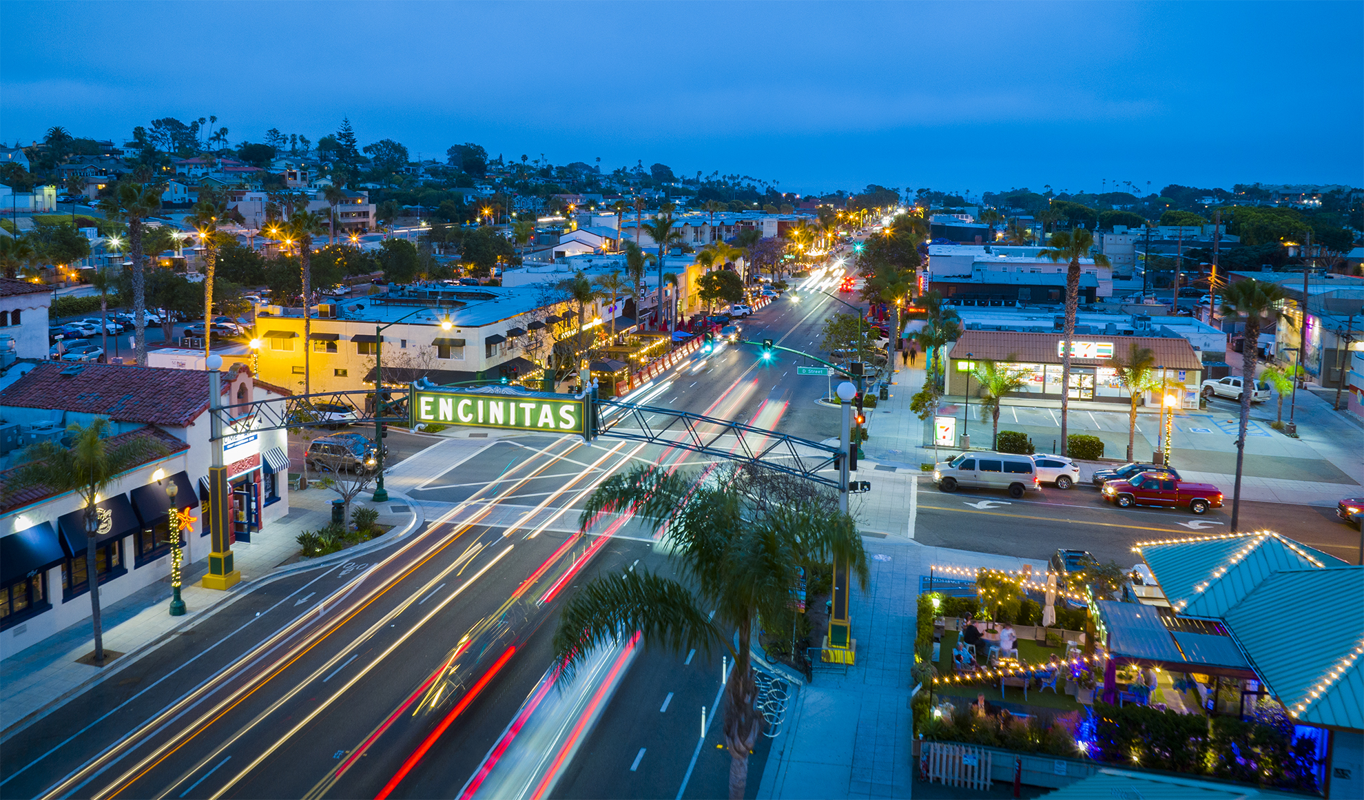 Drone photograph of Encinitas Sign at night in Encinitas California