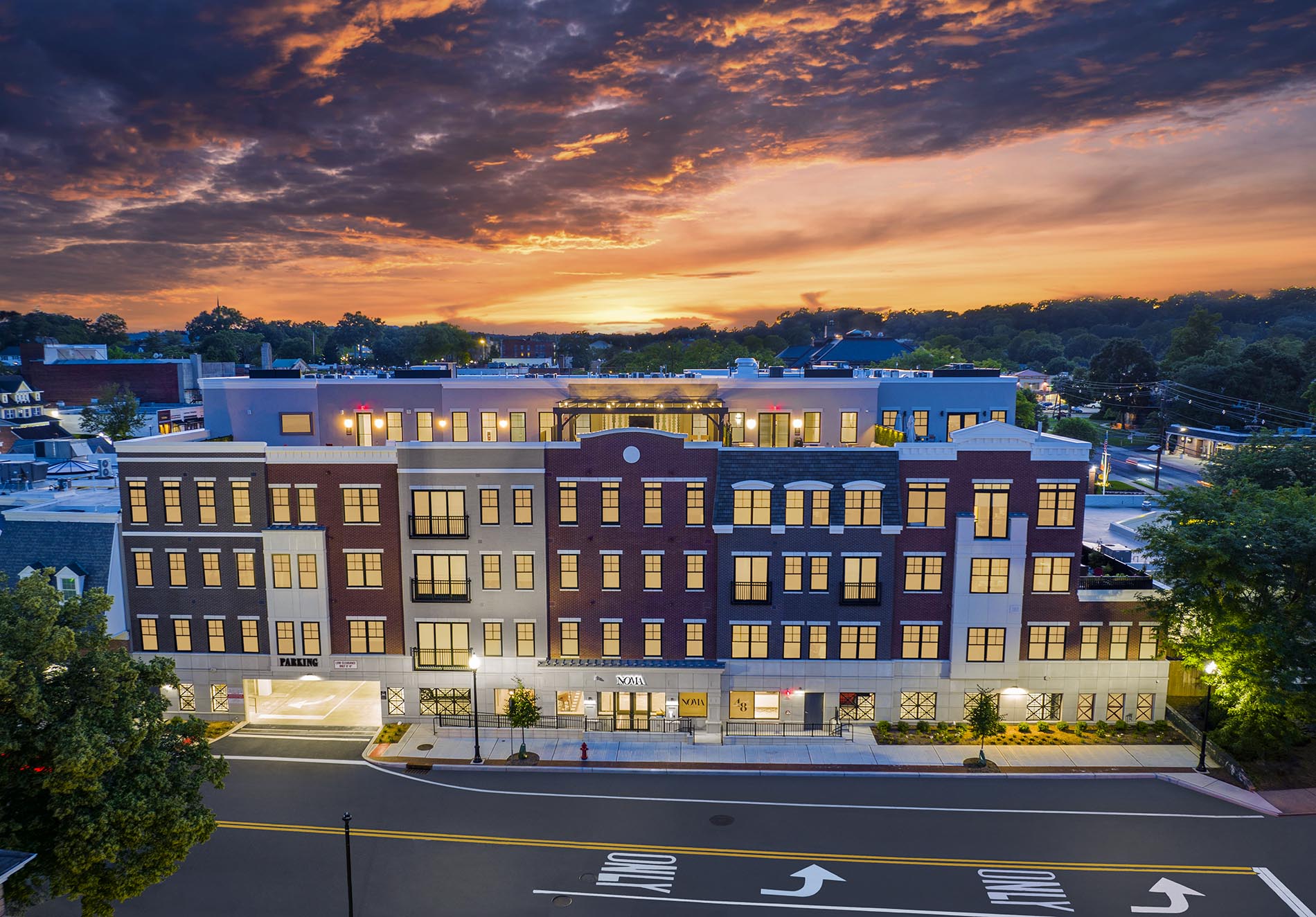 Drone photograph at night of NOMA in Ridgewood NJ