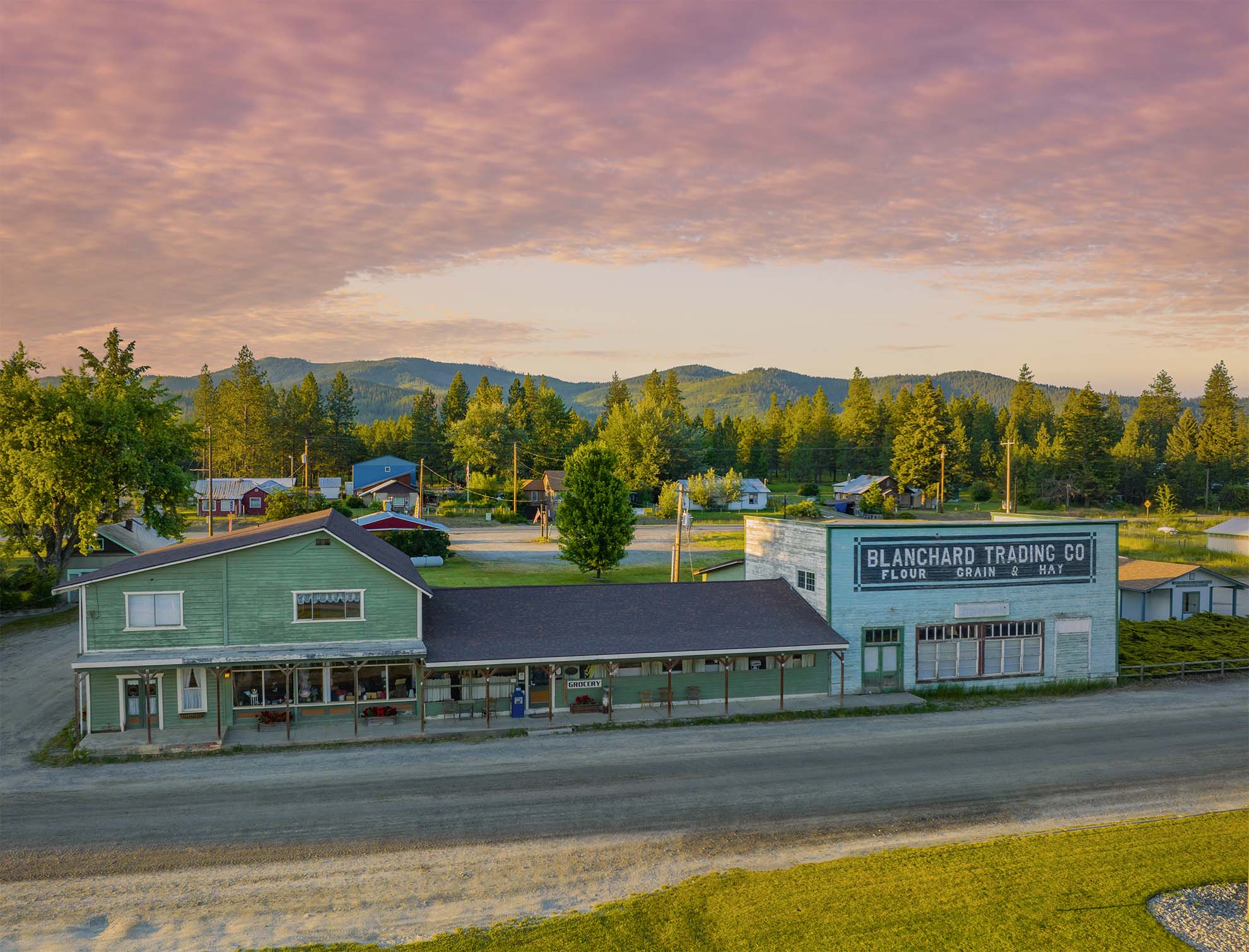 Drone Photograph of the Blanchard Mercantile at sunset Blanchard ID