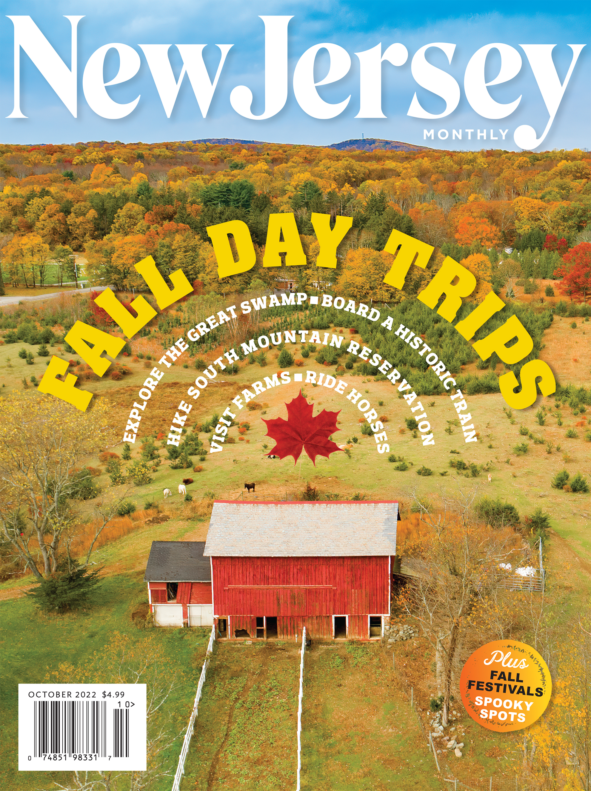 Cover of New Jersey Monthly Magazine with photo of Red Barn in the Fall taken with a Drone
