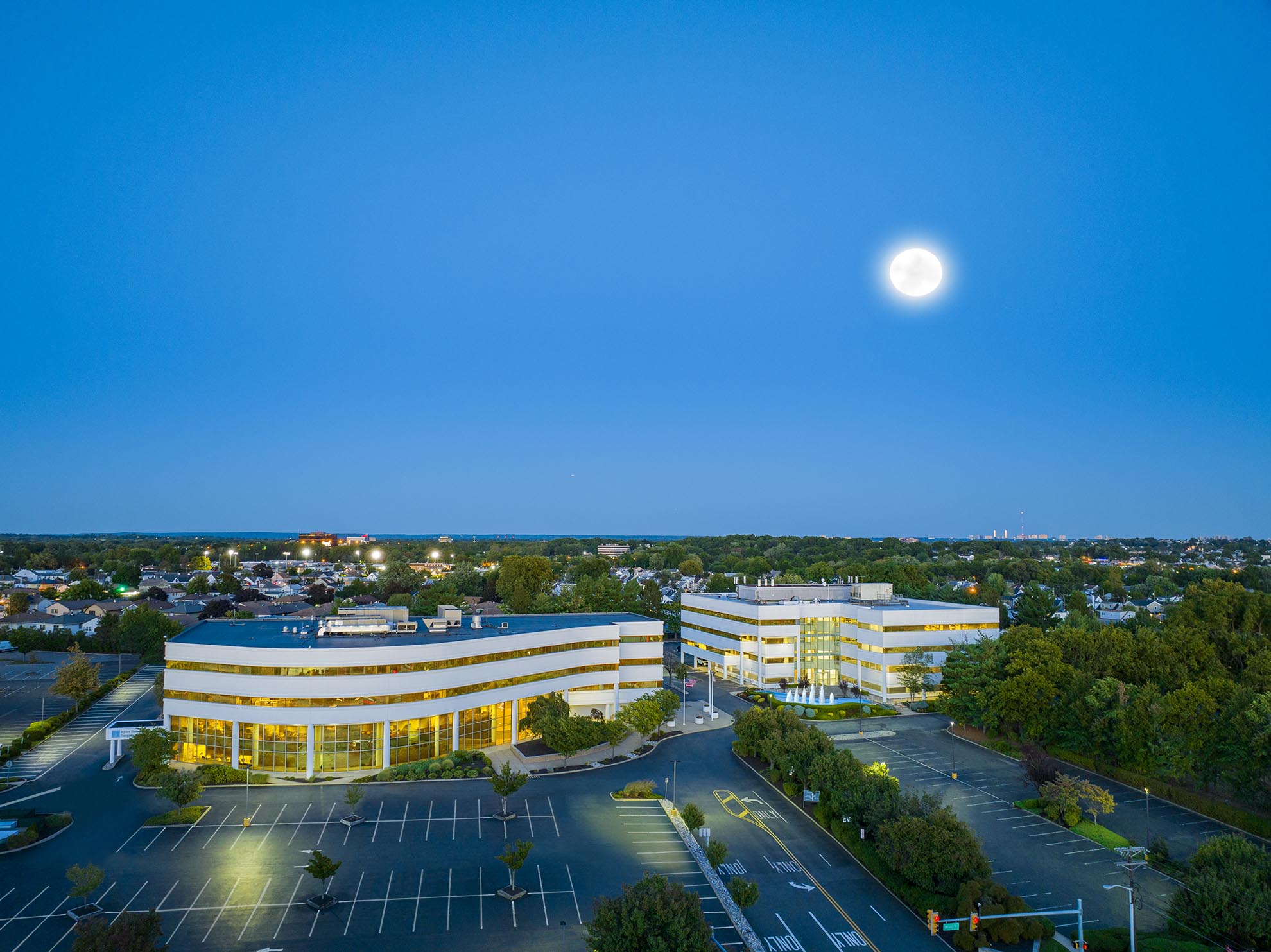 Drone Photograph of Elmwood Park New Jersey Commercial Building at Dusk