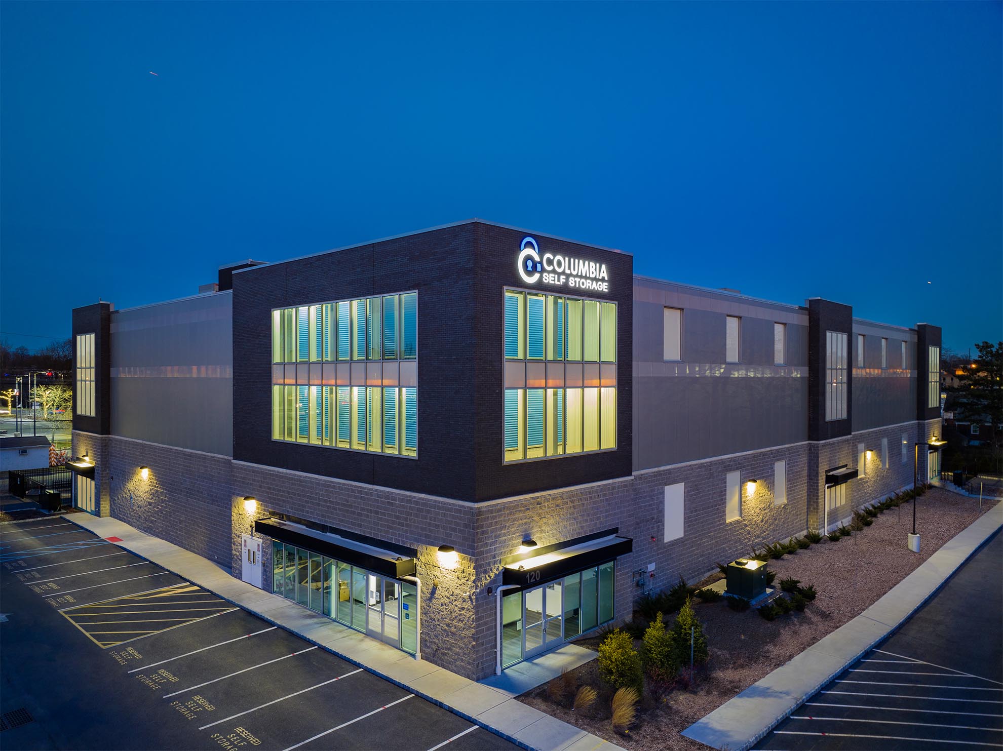 Drone Photograph of Columbia Storage Rochelle Park New Jersey Commercial Building at Dusk