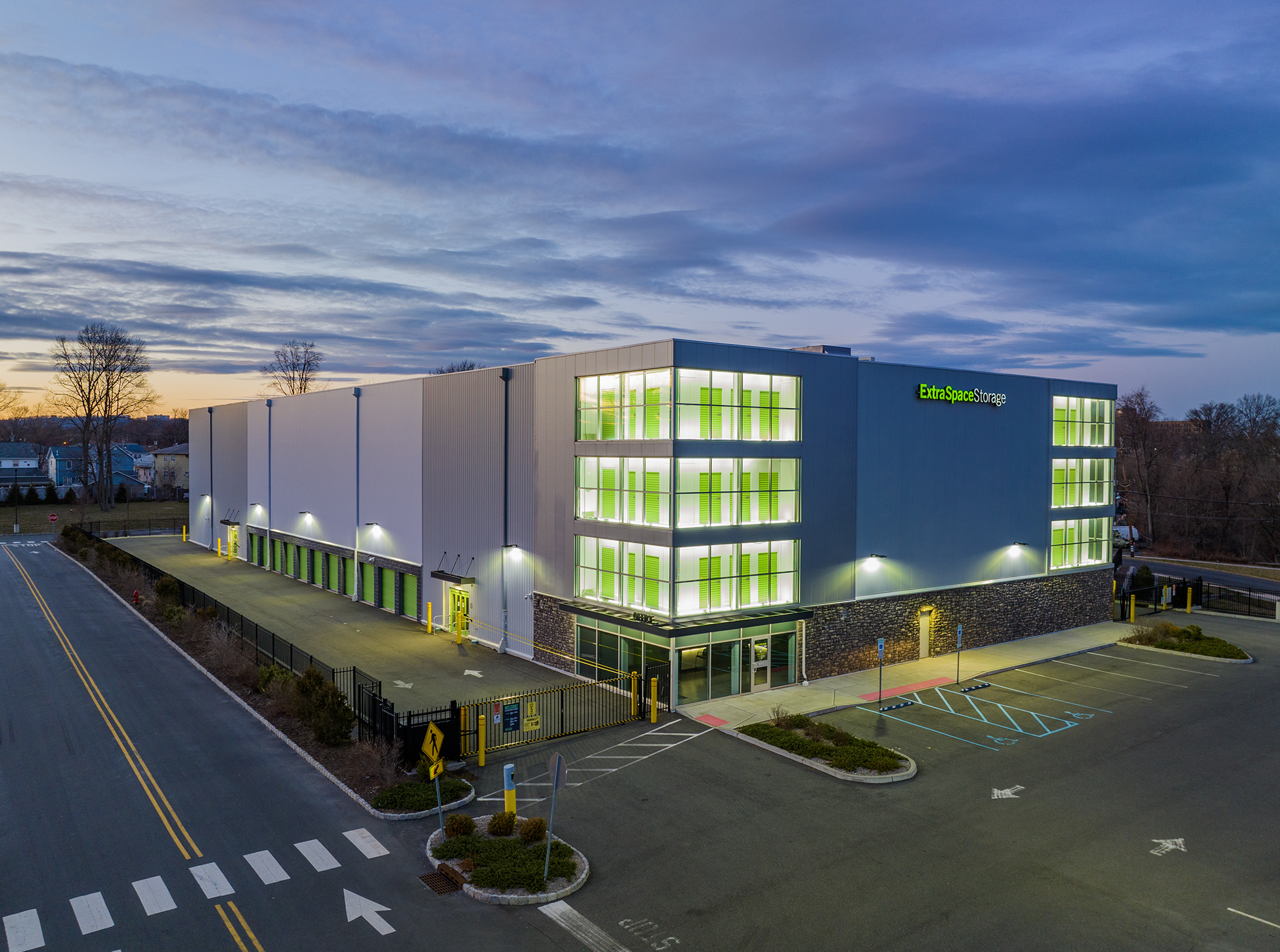 Drone Photograph of ExtraSpace Belleville New Jersey Commercial Building at Dusk