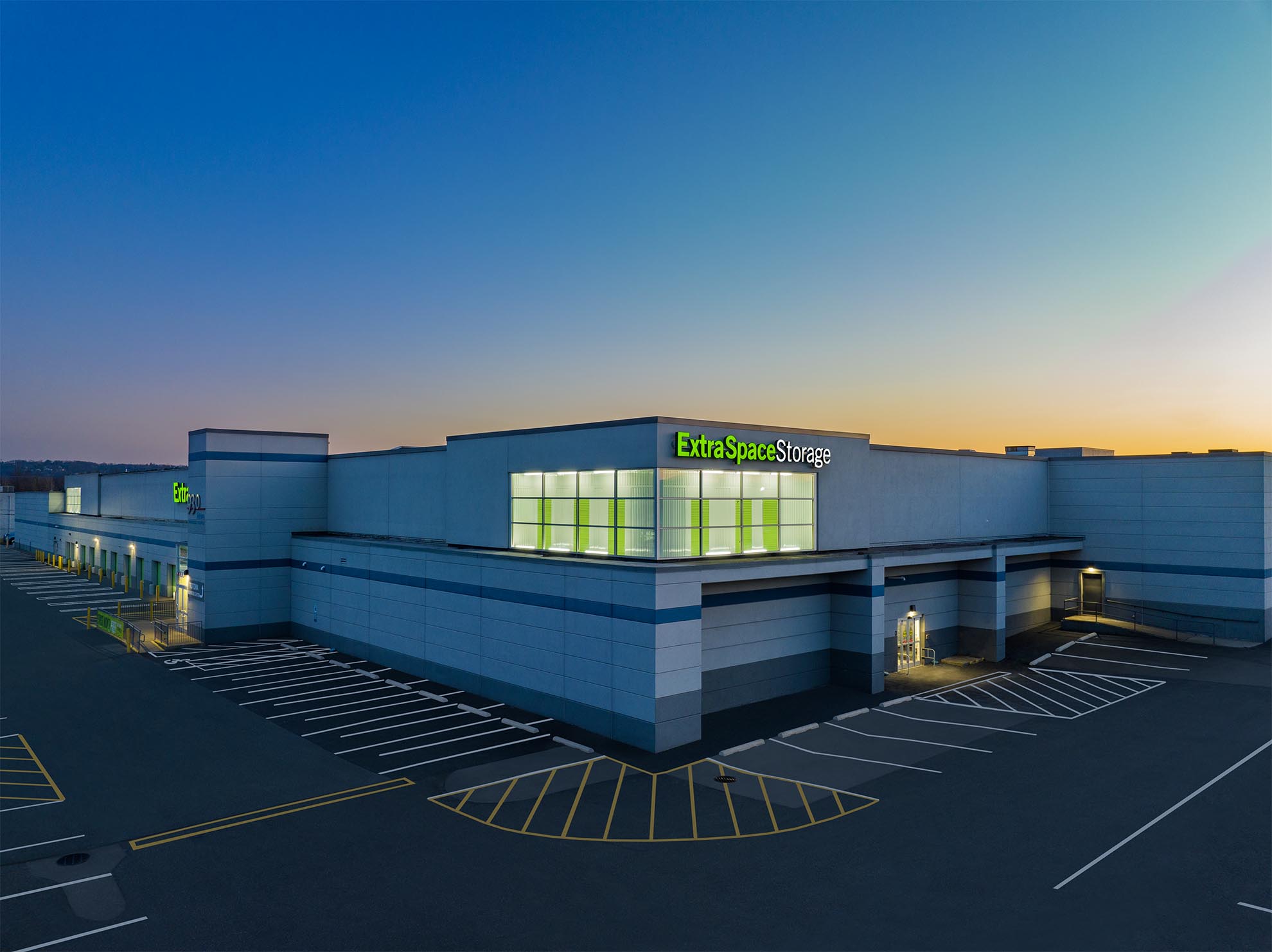 Drone Photograph of ExtraSpace Totowa New Jersey Commercial Building at Dusk