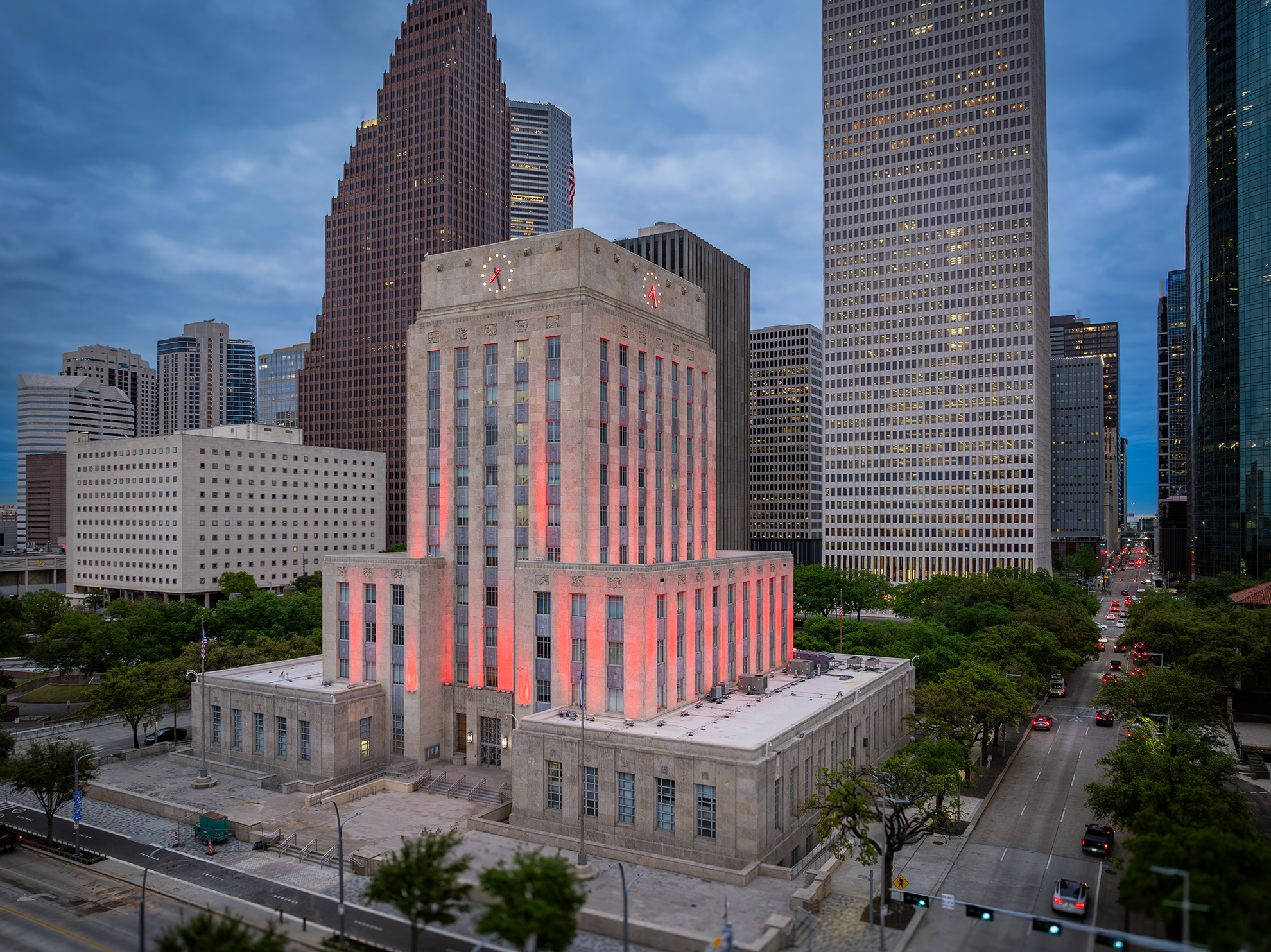 Drone photograph of Houston City Hall at dawn