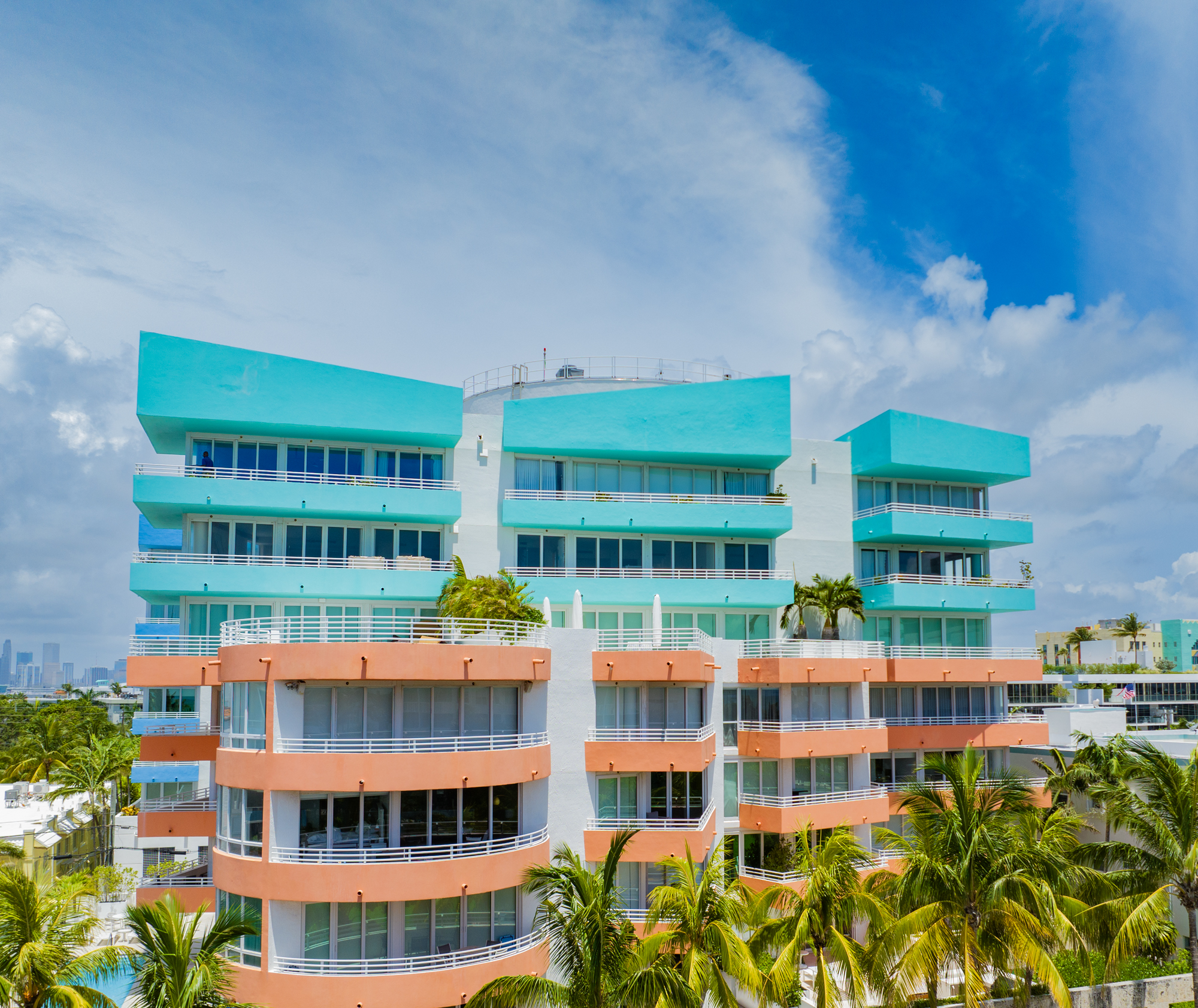 Drone Photograph of Colorful Apartment building in Miami Beach