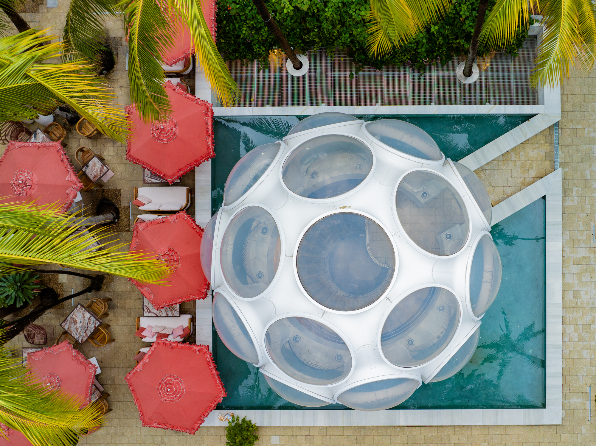Drone Photograph of Buckminster Fuller’s Fly’s Eye Dome in the Miami Design District