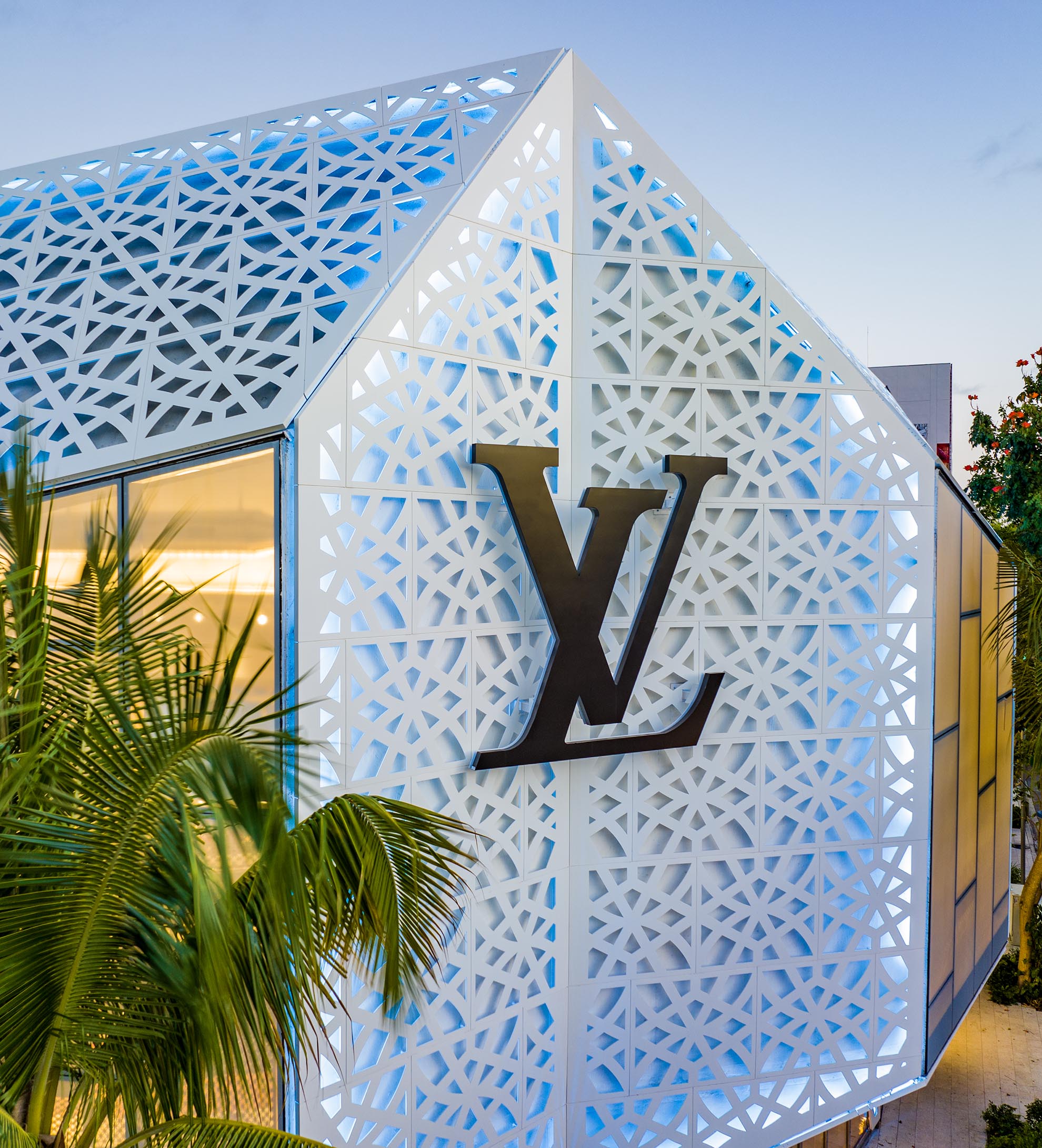 Drone Photograph of Louis Vuitton Men's Store before sunrise closeup on the logo
