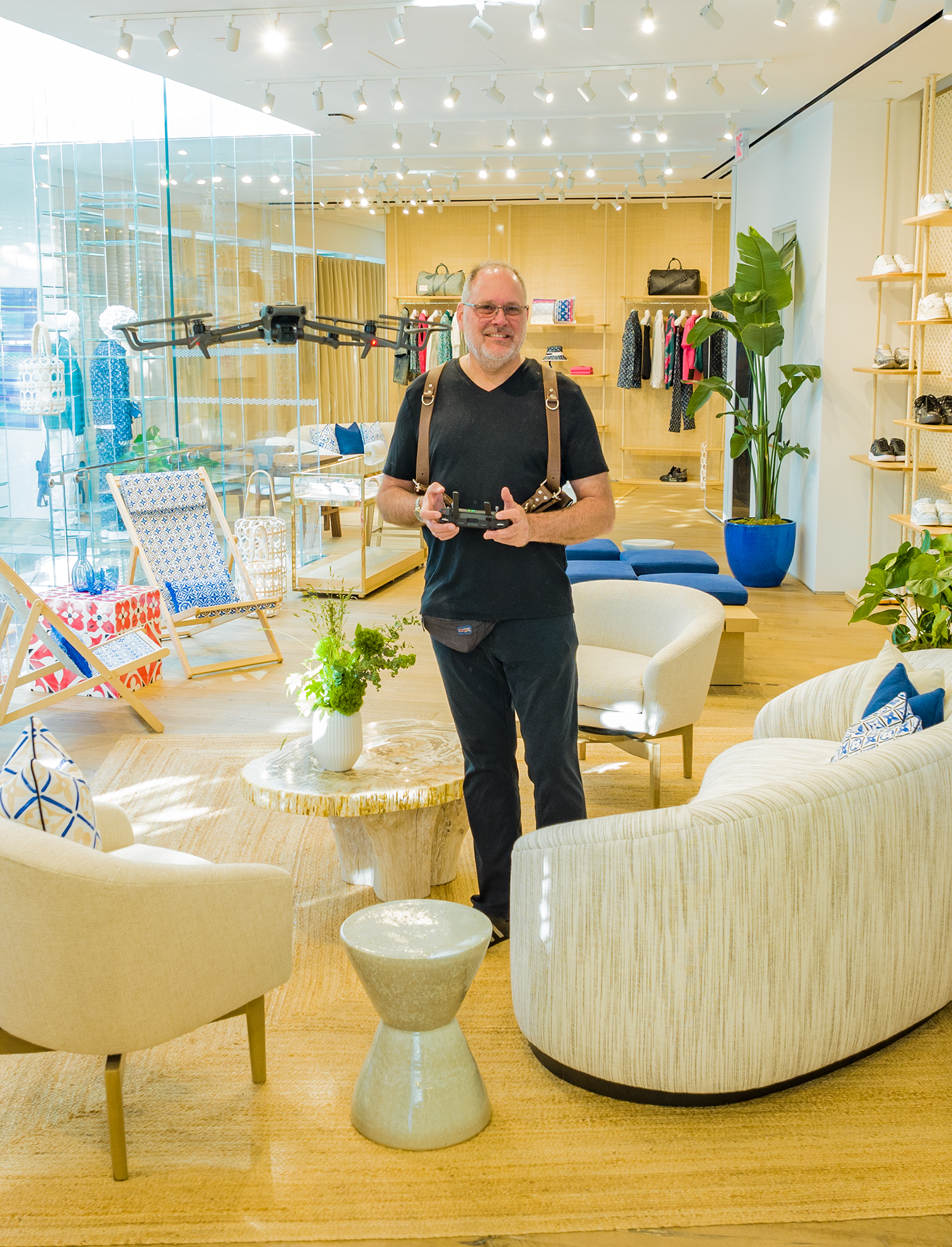Photograph of Joe Polillio flying a drone inside the Louis Vuitton Store in East Hampton NY